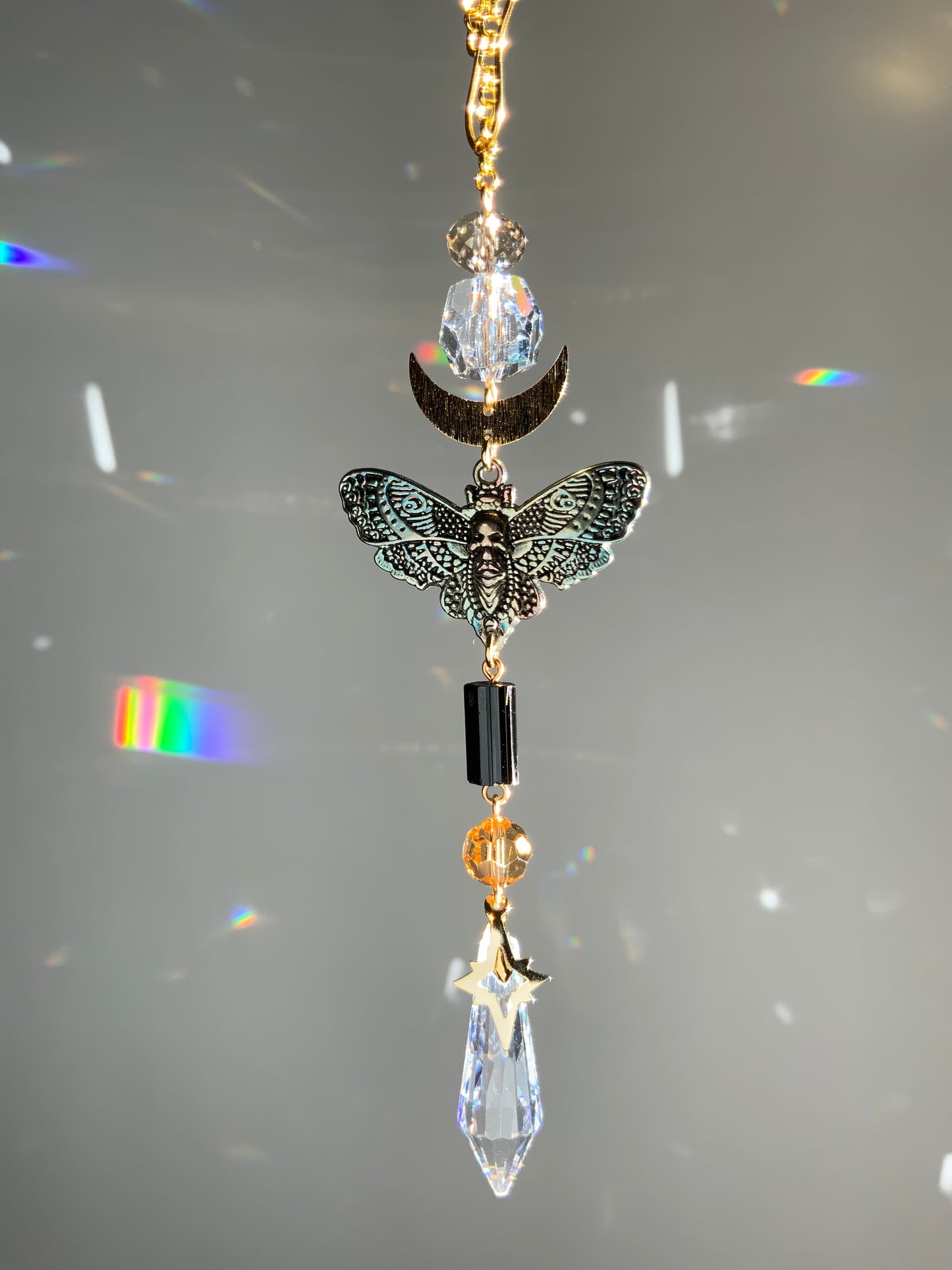 Black Tourmaline Death’s Head Moth Rear View Mirror Car Charm, 18k Gold-Plated Moon Prism suncatcher auto decoration accessories