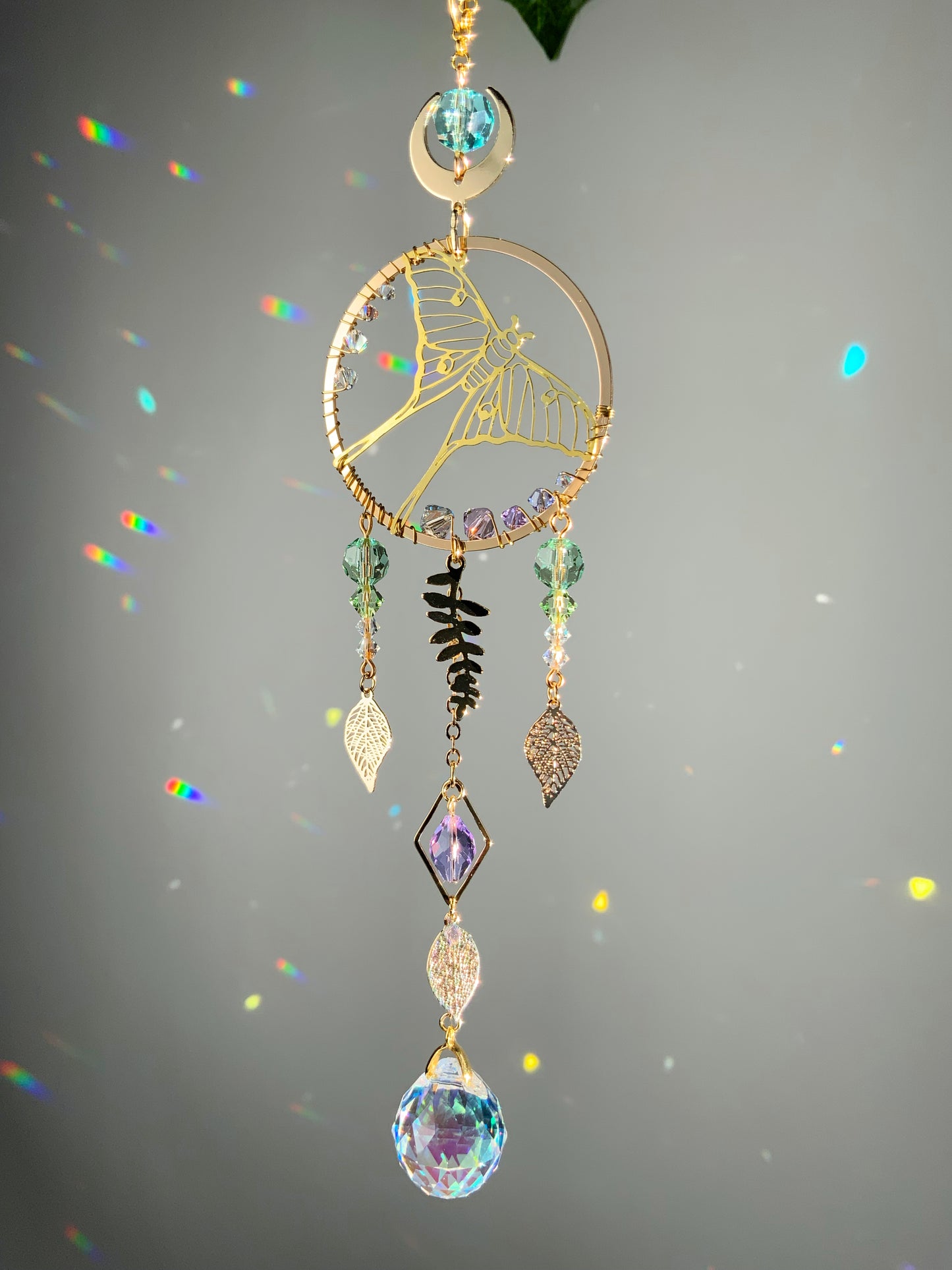 "Flight of the Luna Moth" Car Charm, 18k Gold-Plated Witchy Crystal Celestial Moon Prism suncatcher, rearview mirror hanger