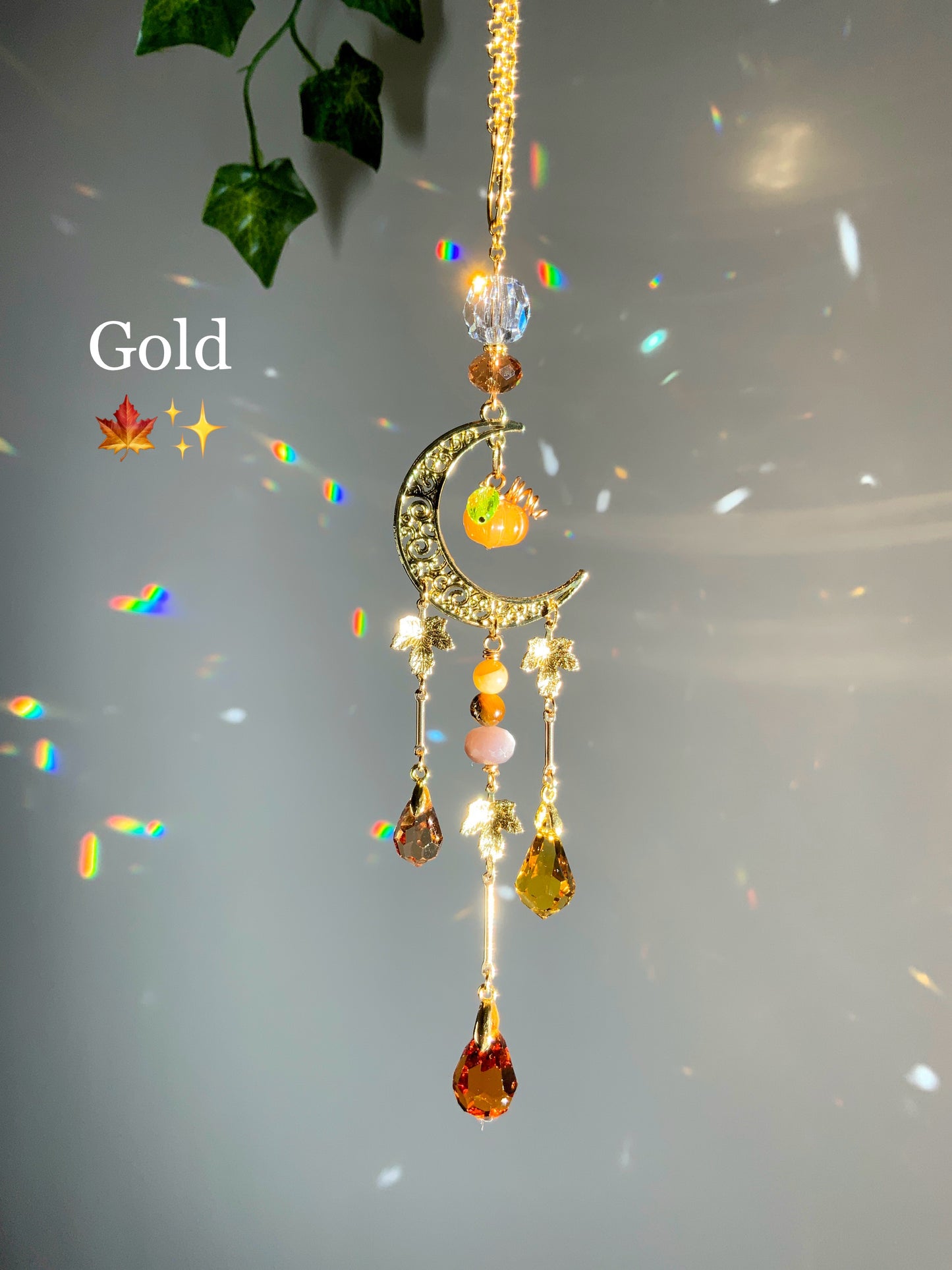 Pumpkin Harvest Moon Car Charm, Tigereye Moonstone celestial witchy Halloween Suncatcher with 18k Gold-Plated Brass