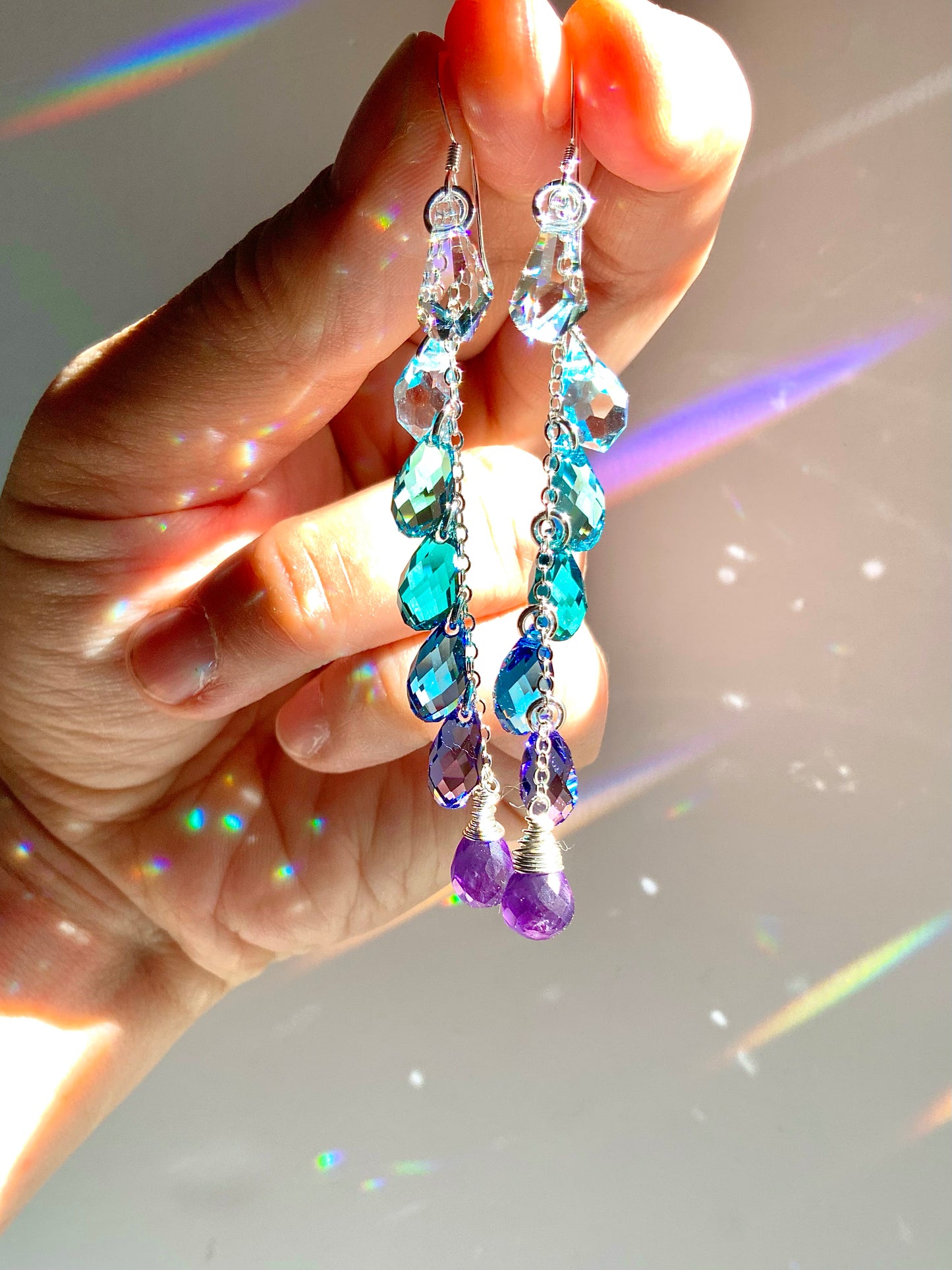 "Amethyst Lagoon" ~ *Luxe* Ombré Crystal Waterfall earrings with Super Rare Colors, Sterling Silver or 14k Gold-Filled