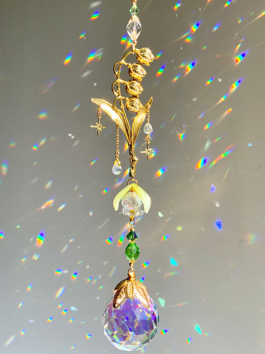 Lily of The Valley Crystal Ball Suncatcher, Gold-Plated May BirthFlower Window Charm with ombré prisms