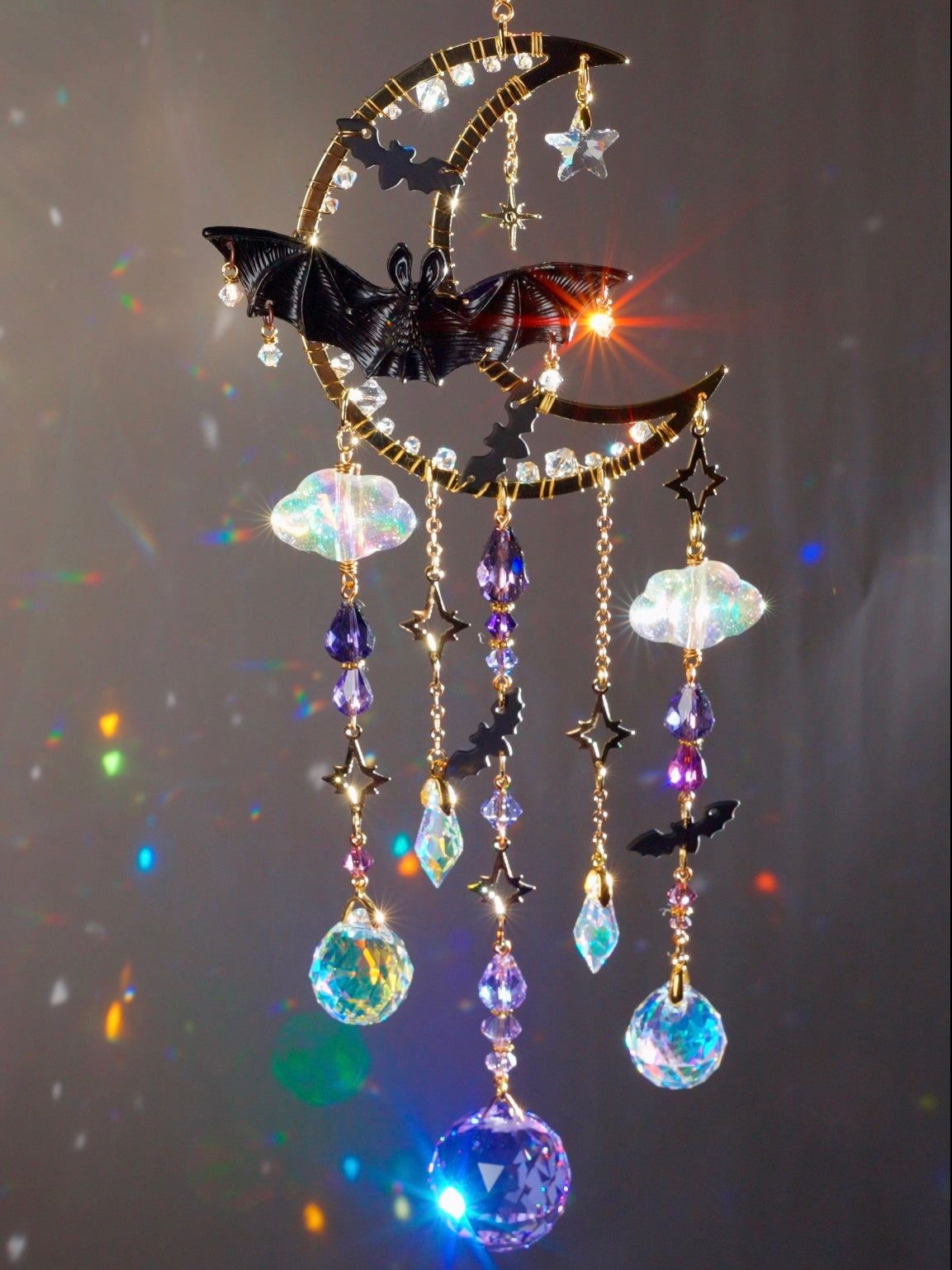 "Flight of All Hallows Eve" Bat Suncatcher, 18k Gold-Plated Celestial Moon Halloween Decor with Crystal Prisms