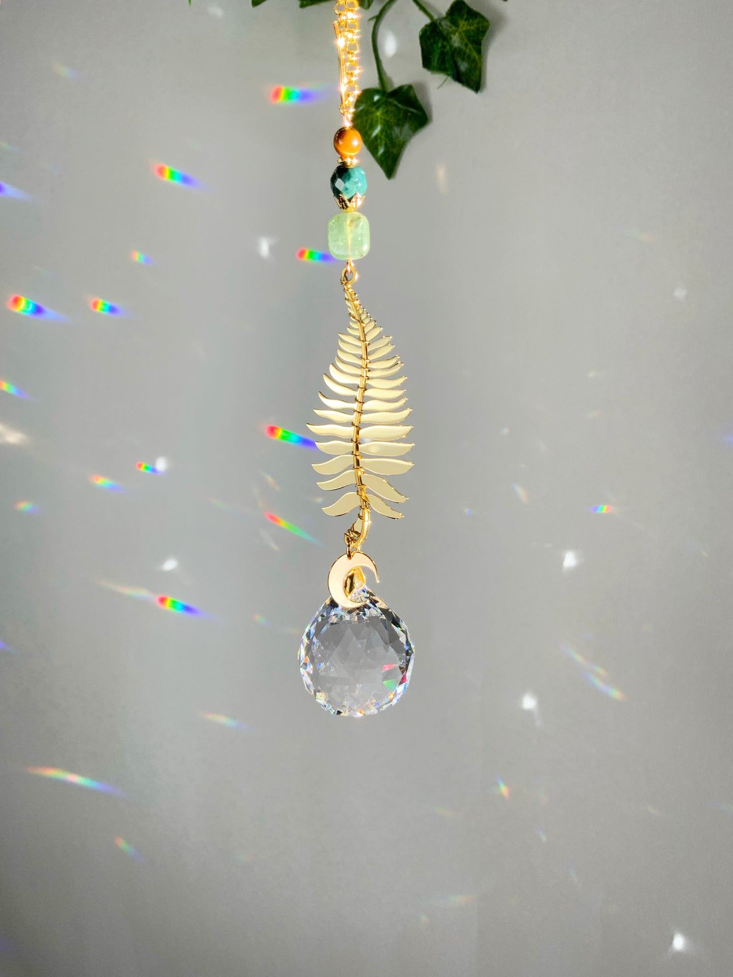 Green Kyanite Fern Car Charm, 18k Gold-Plated Witchy Celestial Moon Crystal Prism suncatcher, rearview mirror hanger