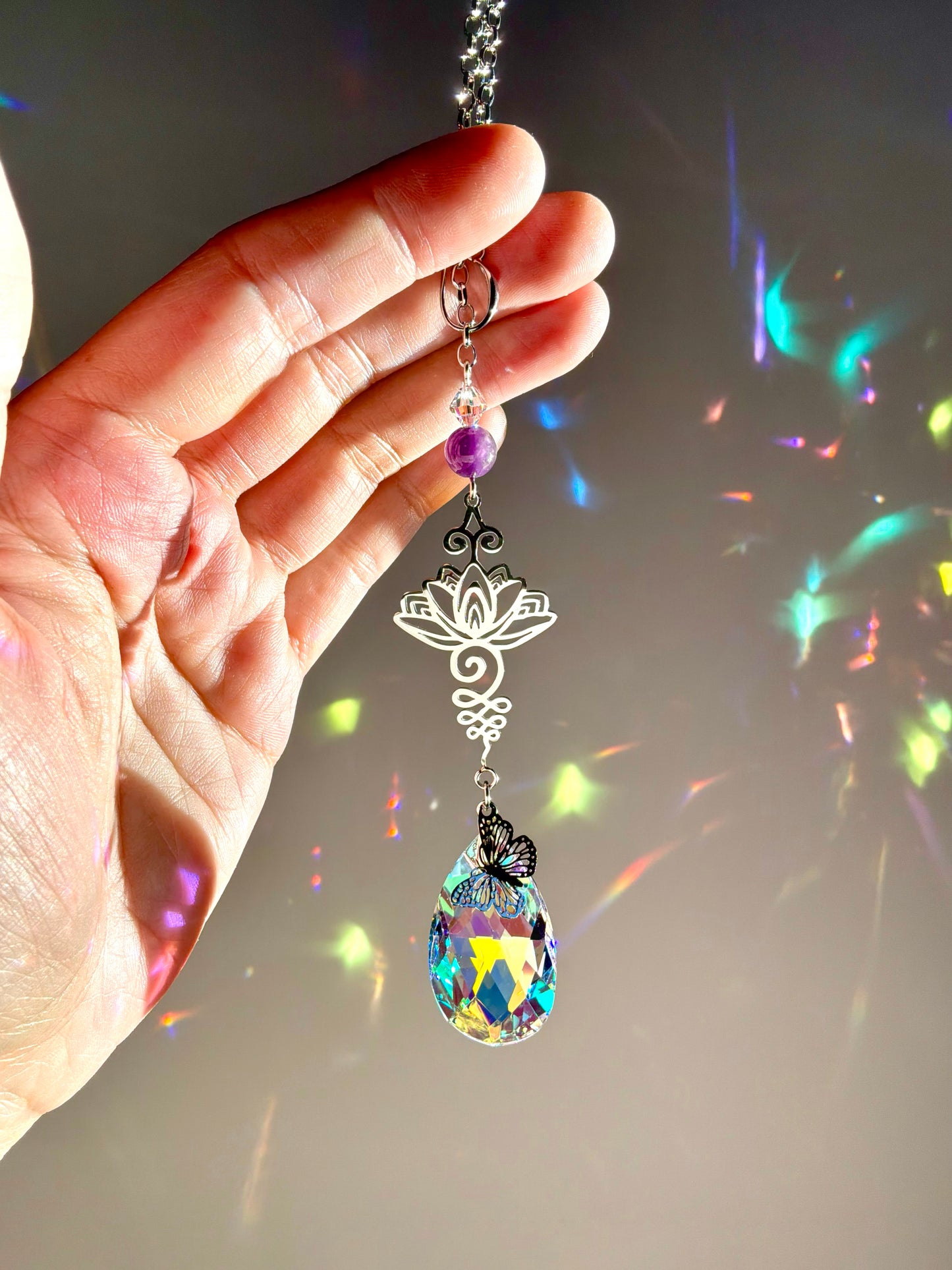 Amethyst Lotus Unalome Car Charm, Floral Gemstone Crystal Prism Suncatcher, home decor or car mirror hanger