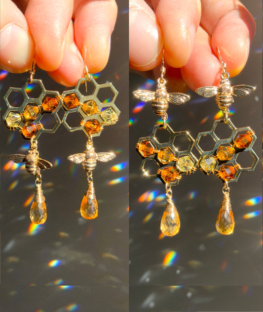Citrine Honeycomb Bee Earrings with ombré Crystal prisms, 18k Gold-Plated Honeybee