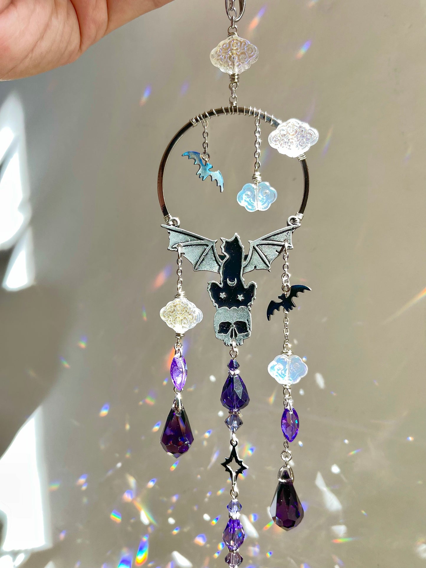 "Night Keeper" Kitty Bat Car Charm made with Perfect Purple Crystals! Celestial Moon Spooky Halloween Crystal Suncatcher