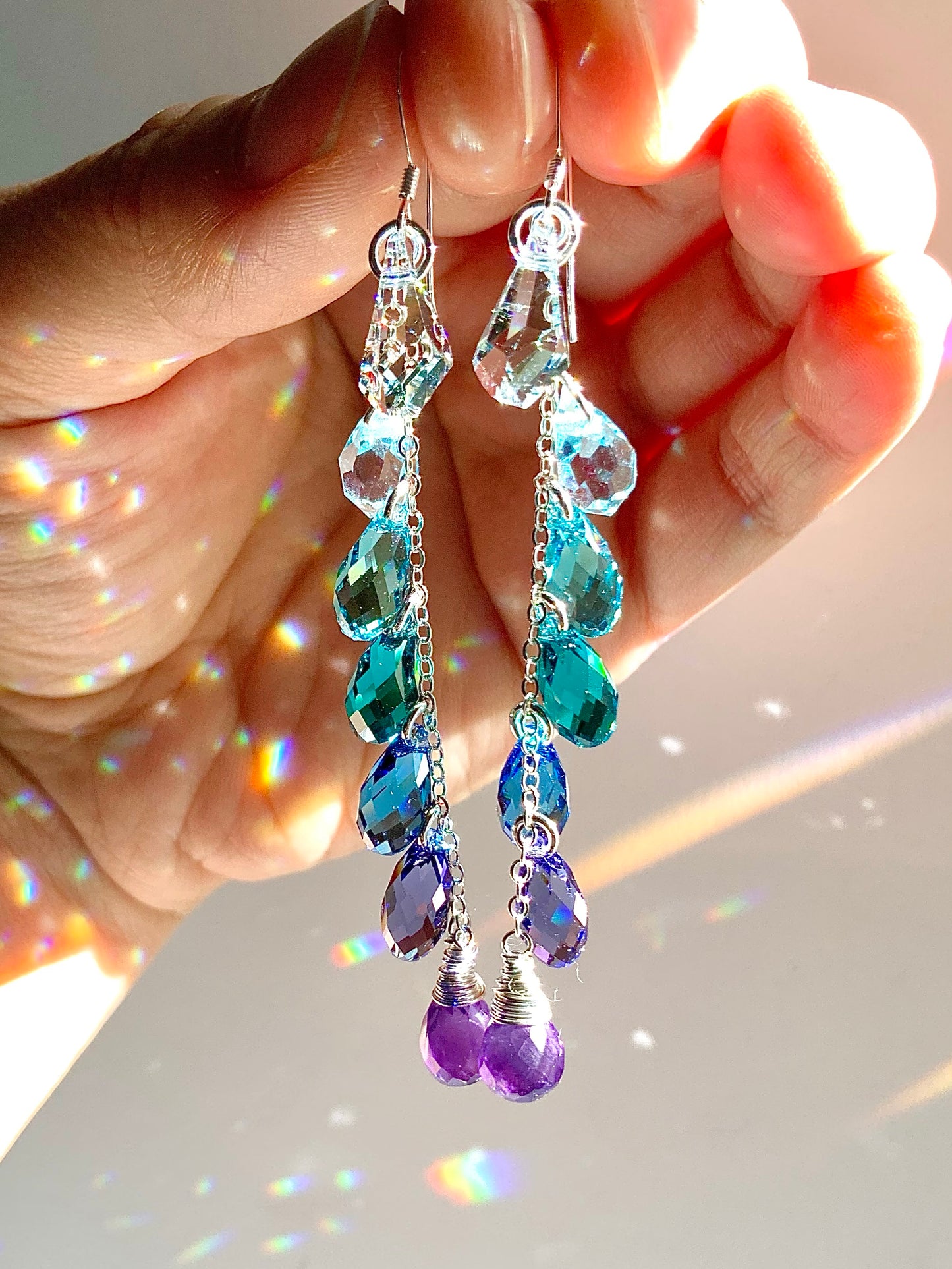 "Amethyst Lagoon" ~ *Luxe* Ombré Crystal Waterfall earrings with Super Rare Colors, Sterling Silver or 14k Gold-Filled