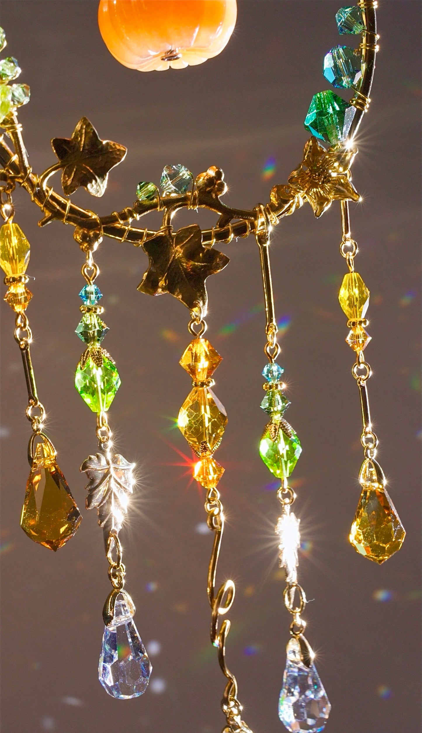 Orange Aventurine "Harvest pumpkin" Mini Suncatcher, Gemstone, Stainless Steel, Gold-plated Brass Crystal celestial witchy Halloween Decor