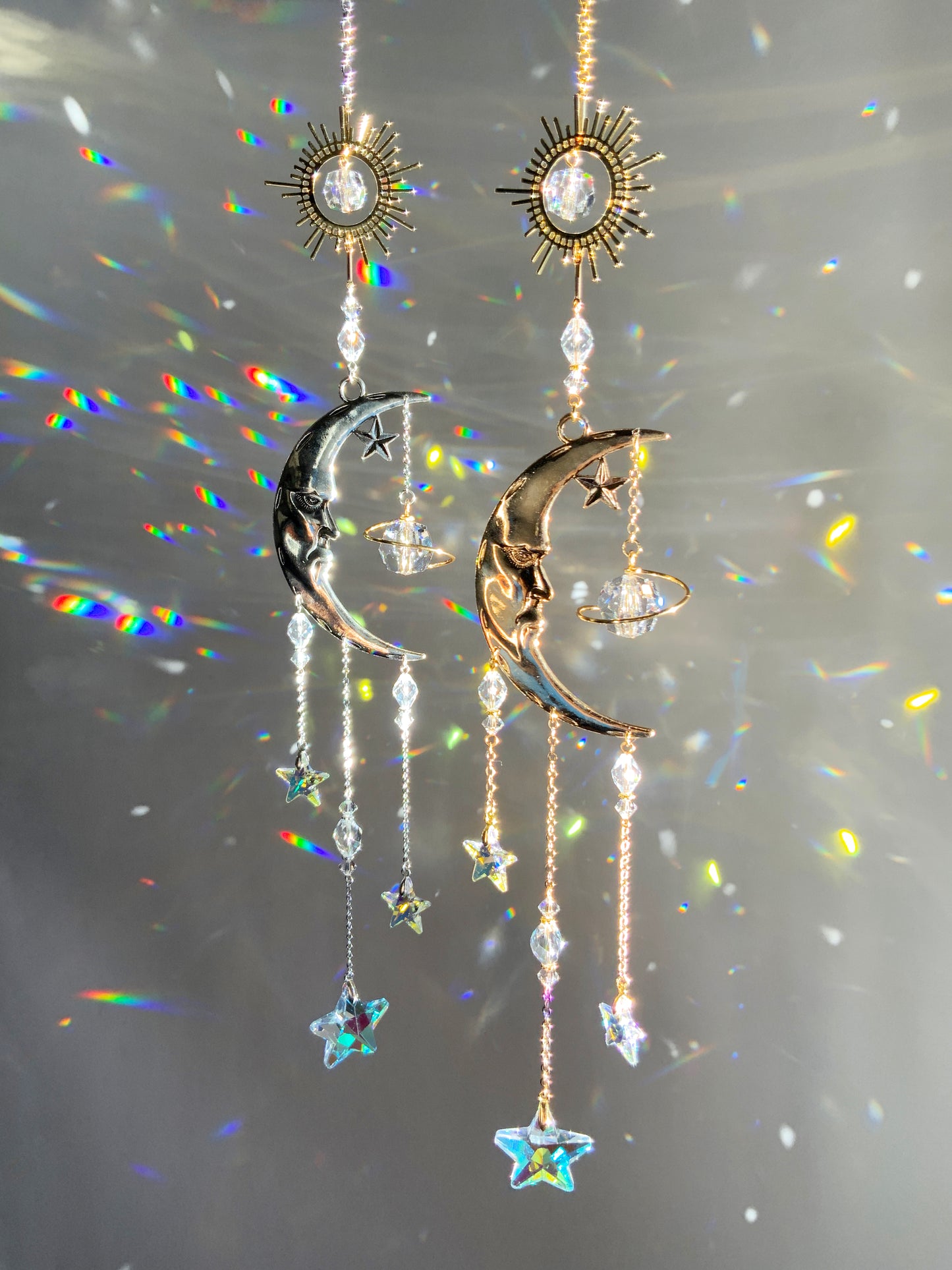 "Falling Stars" ~ Mini Suncatcher, Gold or Silver, Sun Moon Saturn Celestial Crystal Prism ornament