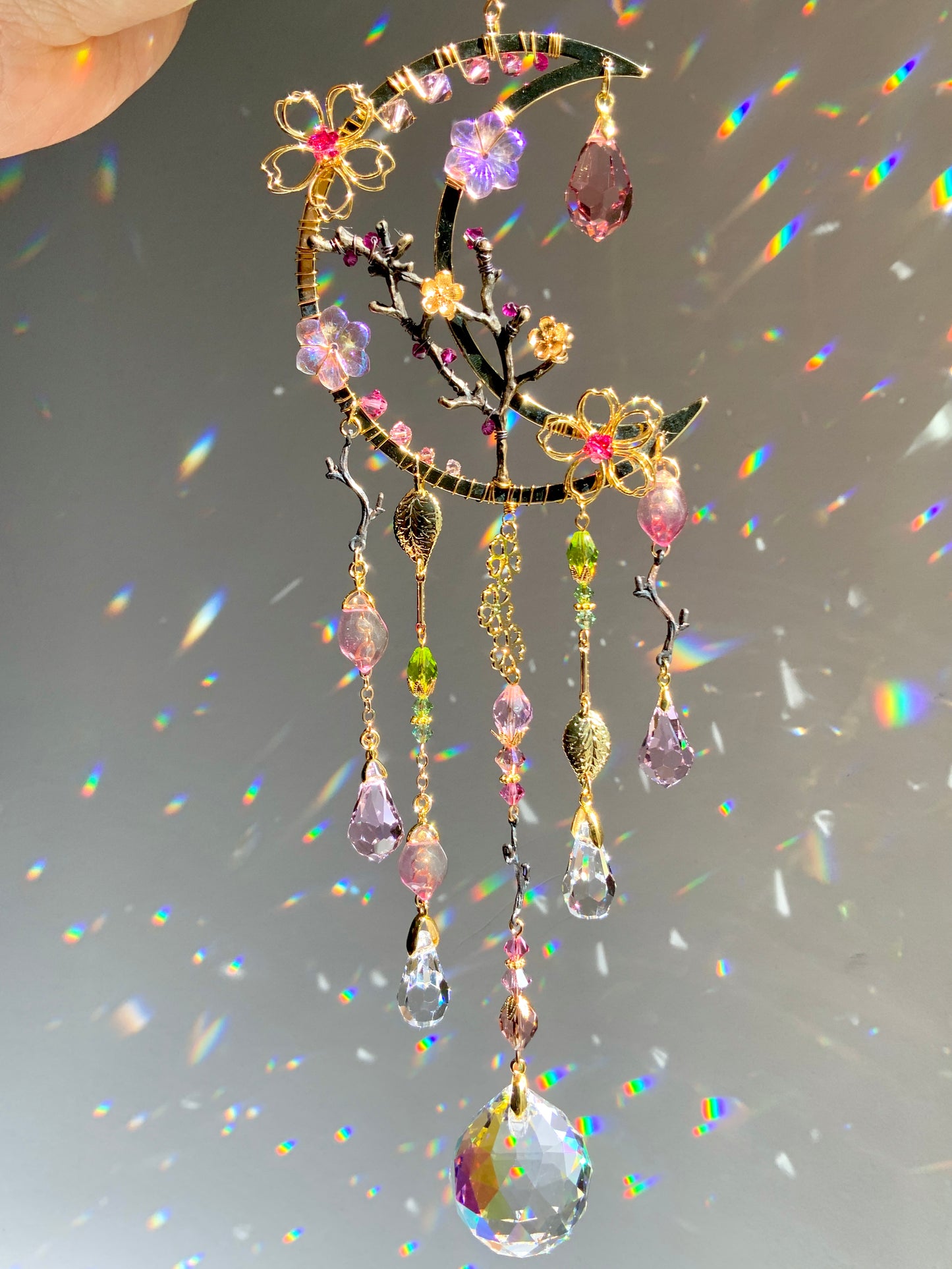 Moonlight Cherry Blossoms Mini Suncatcher ~ 18k Gold-Plated Sakura flower celestial prism room decor rainbow maker