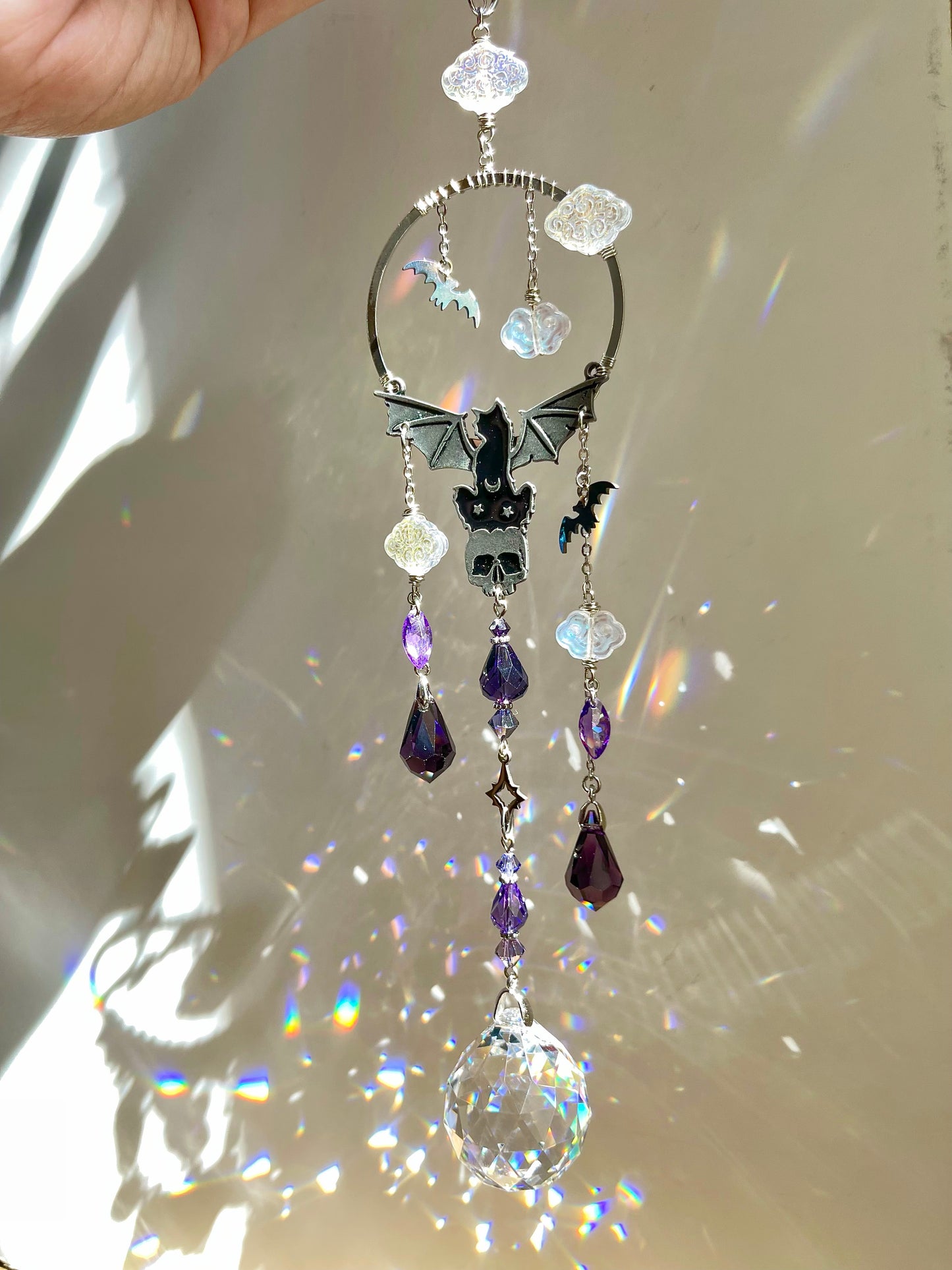 "Night Keeper" Kitty Bat Car Charm made with Perfect Purple Crystals! Celestial Moon Spooky Halloween Crystal Suncatcher