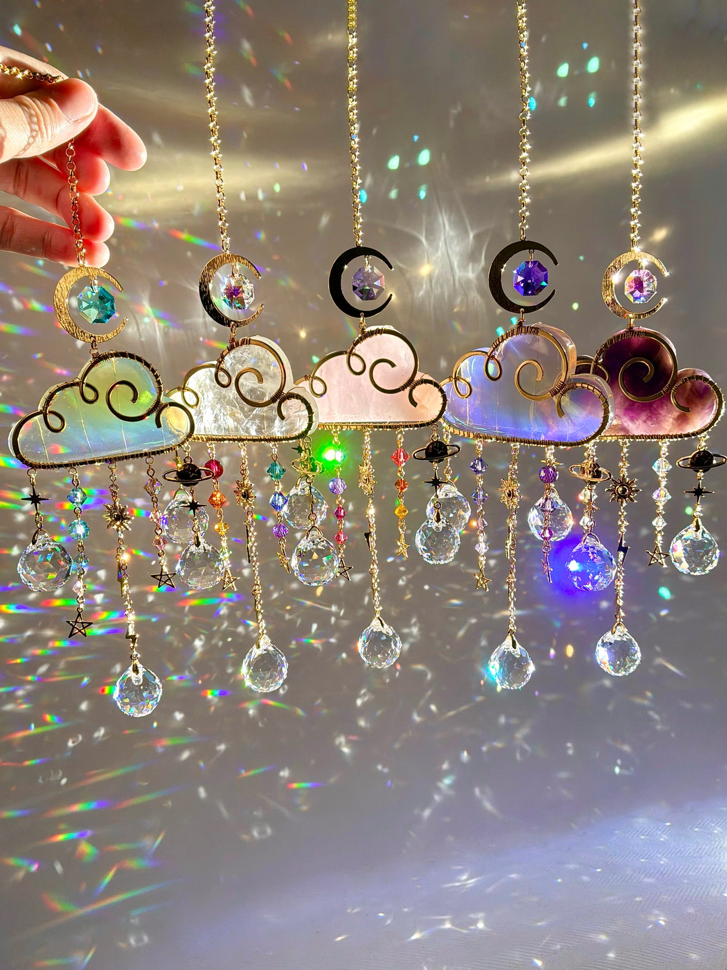 Large Gemstone Rain Cloud Suncatchers ~ 18k Gold-Plated or Stainless Steel, Clear/ Rose Quartz, Purple Opalite, Amethyst with Crystal Prisms