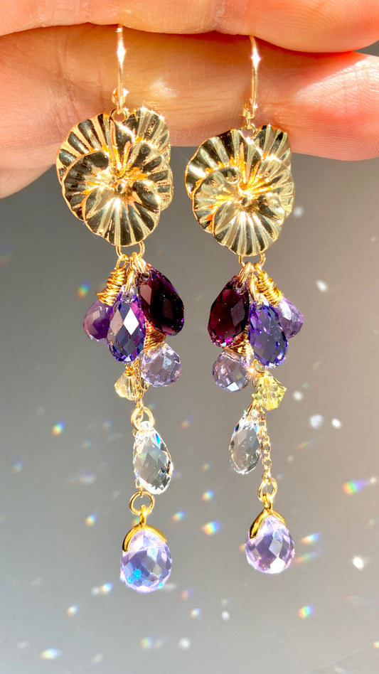 Amethyst Viola / Pansy Waterfall Earrings~ Ombré Purple Lavender Flower Crystal jewelry made of 18k Gold-plated Brass and prisms