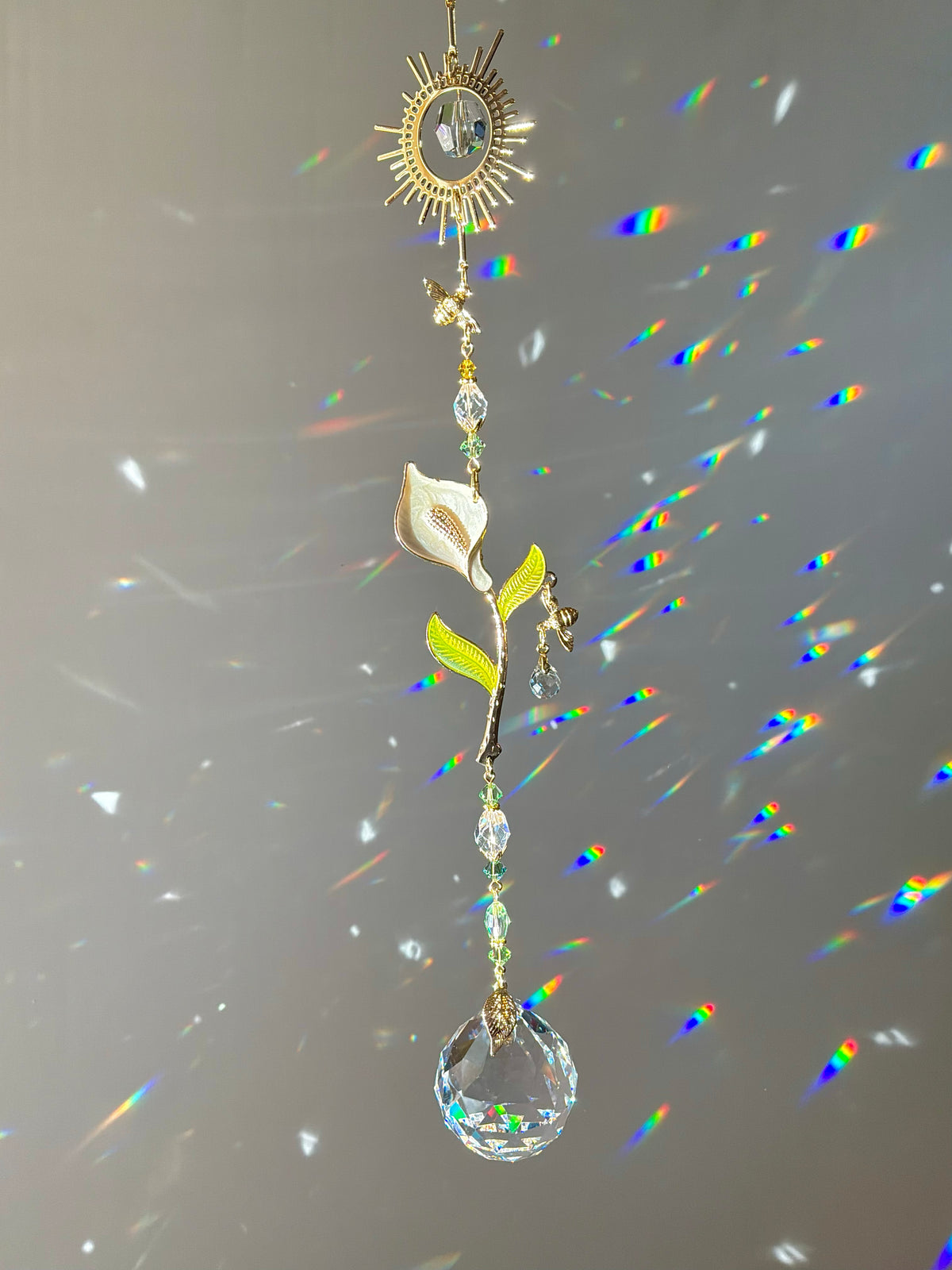 Calla Lily Crystal Ball Suncatcher, Enamel and 18k Gold-Plated Floral Botanical Prism Window Decor