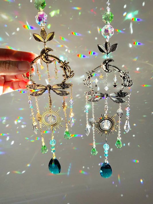 "Moonveil Dragonfly" Mini Crystal Suncatcher, Sun Moon Stars Witchy Celestial room decor, Gold or Silver