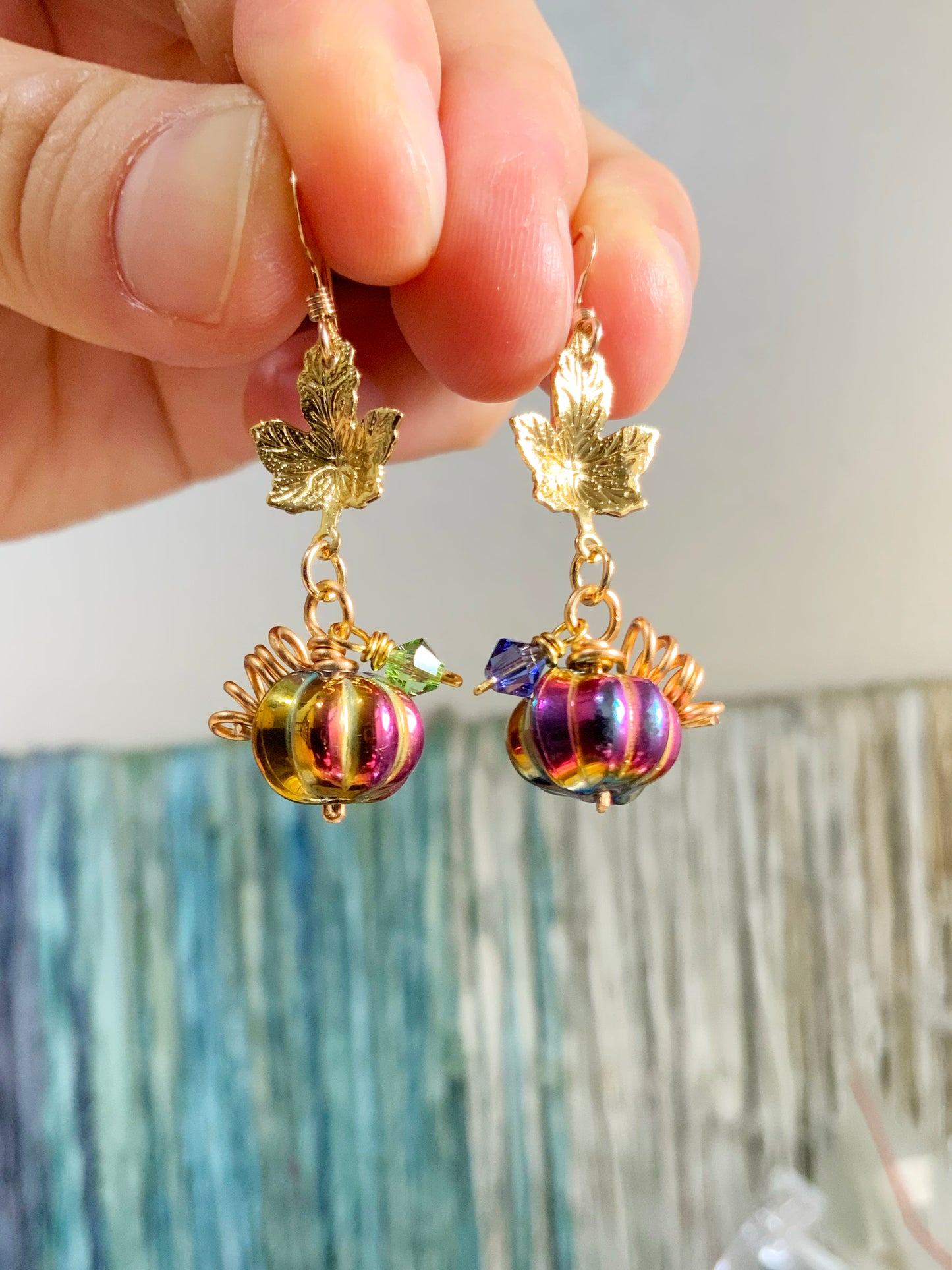 Mystic Dark Rainbow Pumpkin earrings ~ Multi-Color Aura Glass with gold and magenta reflections, 18k Gold-Plated Maple