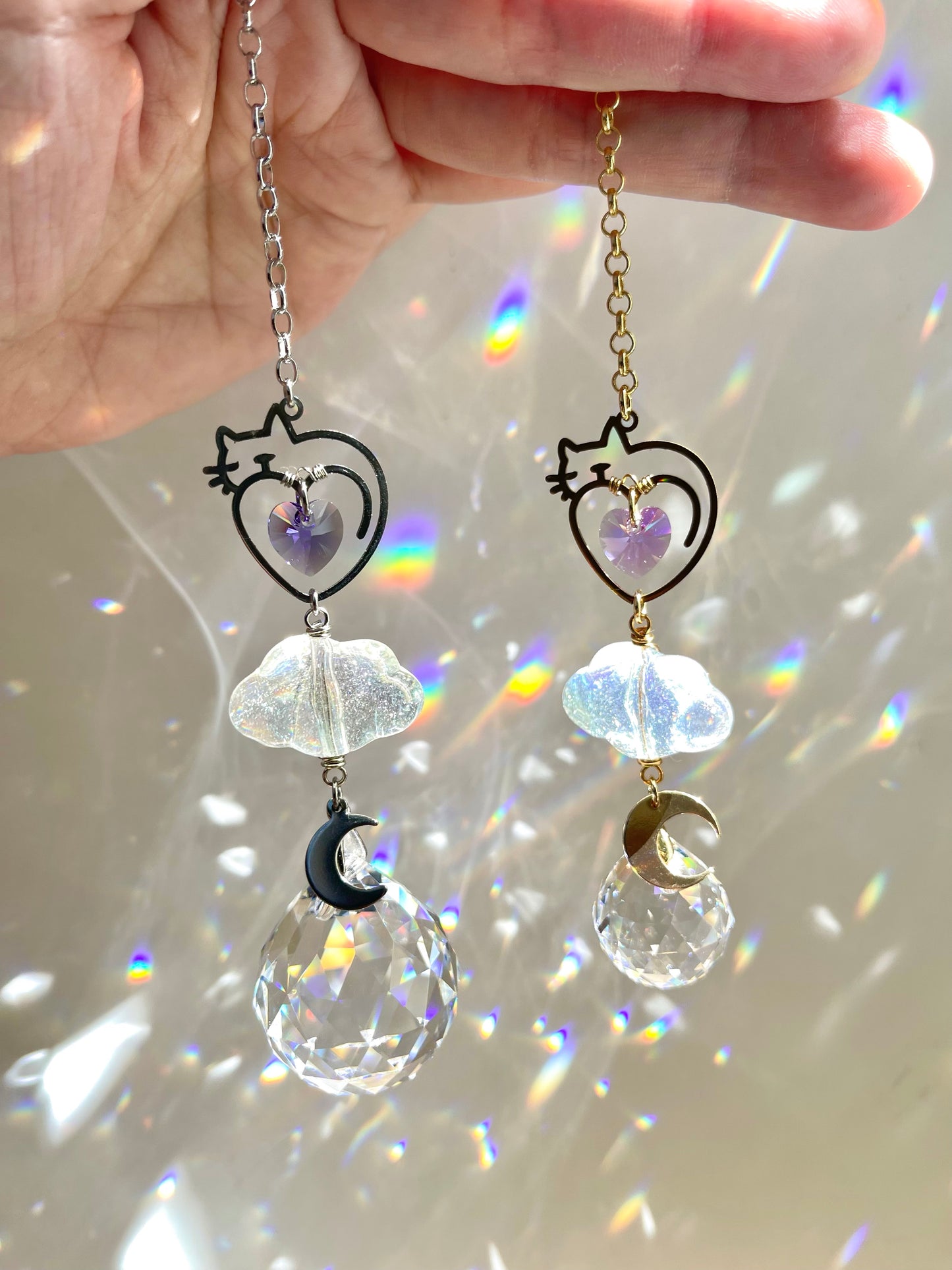 “Kitty in the Clouds” Pet Memorial Car Charm, Gold or Silver Crystal Prism suncatcher, rearview mirror hanger