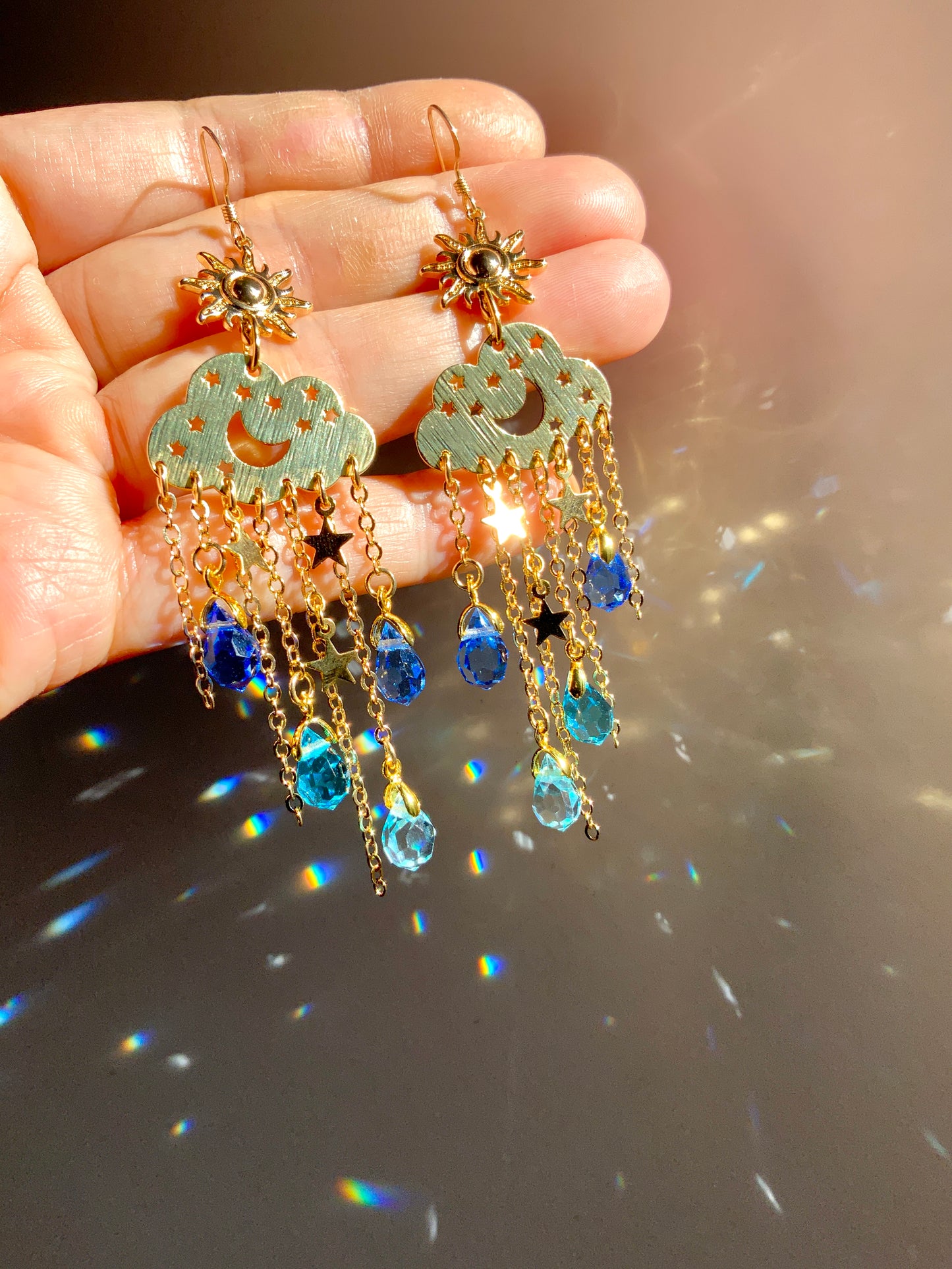 Ombré Aqua Blues Crystal Rain Cloud earrings~ 18k Gold-Plated Sun Moon Celestial prism Suncatcher jewelry