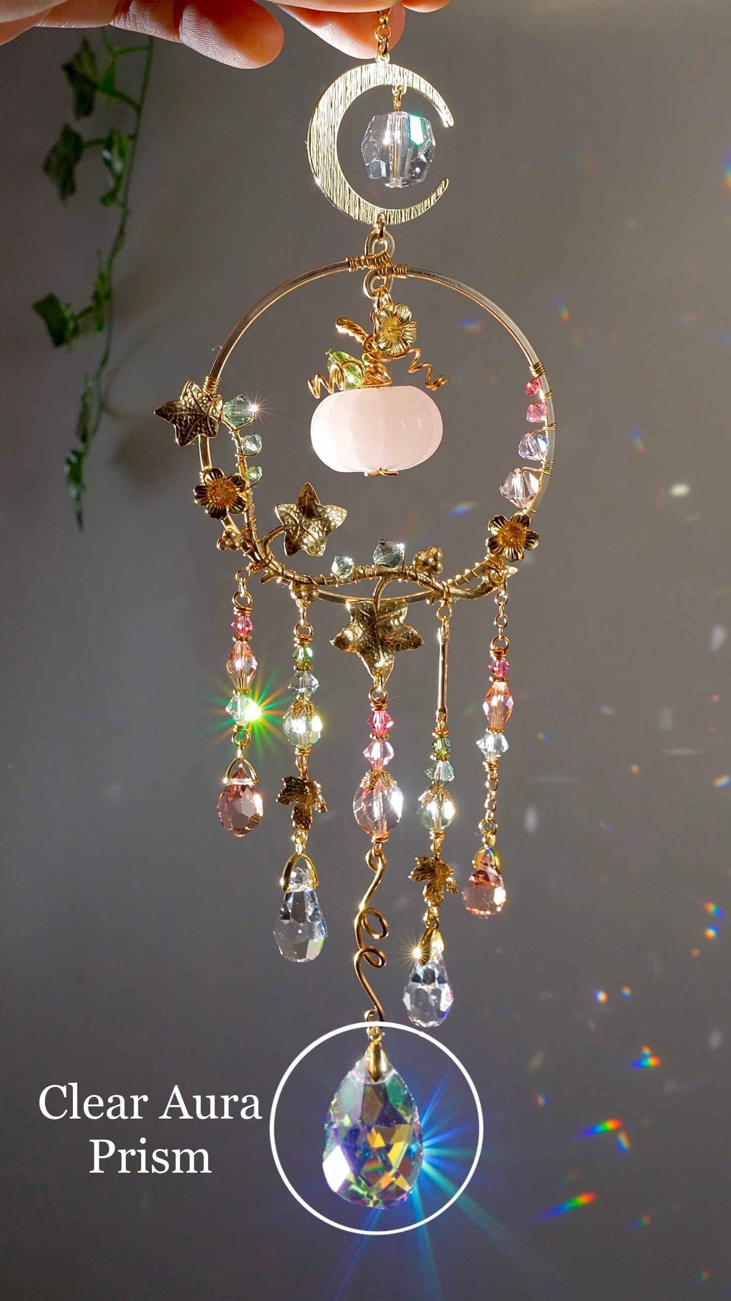 Rose Quartz "Harvest pumpkin" Mini Suncatcher, Gemstone and Gold-plated Brass Crystal celestial witchy Halloween Decor