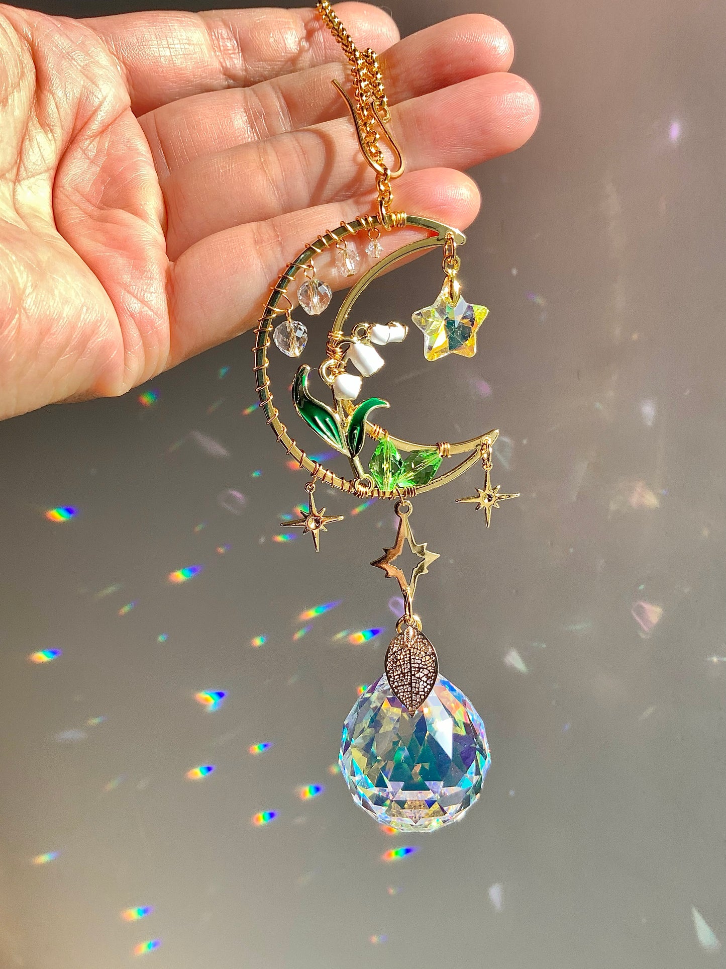 Lily of the Valley Moon Car Charm, 18k Gold-Plated May Birthflower Crystal Celestial Prism suncatcher, rearview mirror hanger