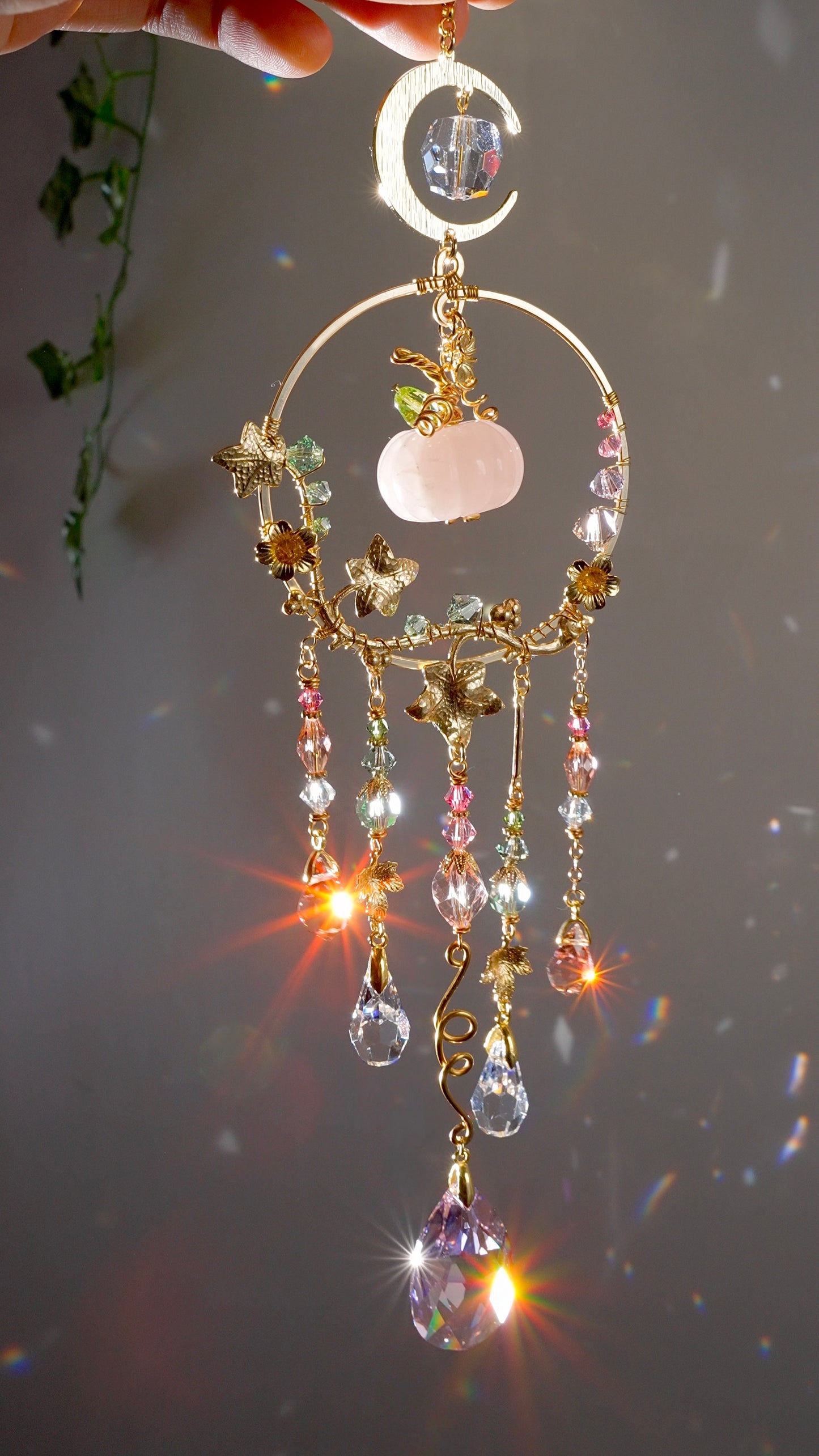 Rose Quartz "Harvest pumpkin" Mini Suncatcher, Gemstone and Gold-plated Brass Crystal celestial witchy Halloween Decor