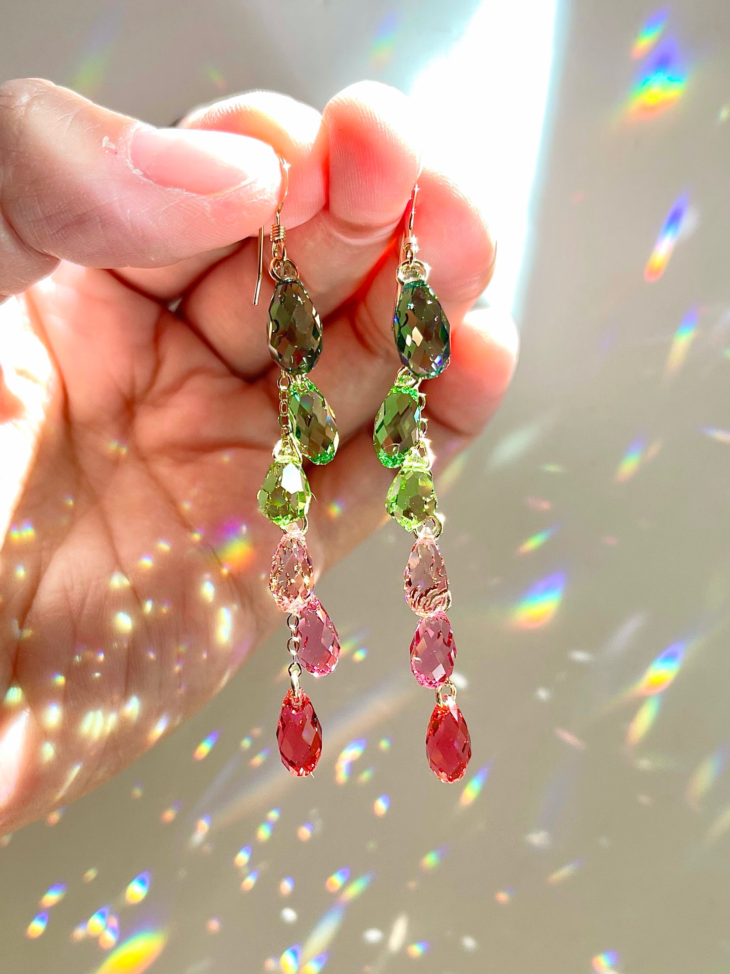"Watermelon Spritzer" ~ *Luxe* Ombré Crystal Waterfall earrings, Sterling Silver or 14k Gold-Filled, pink green