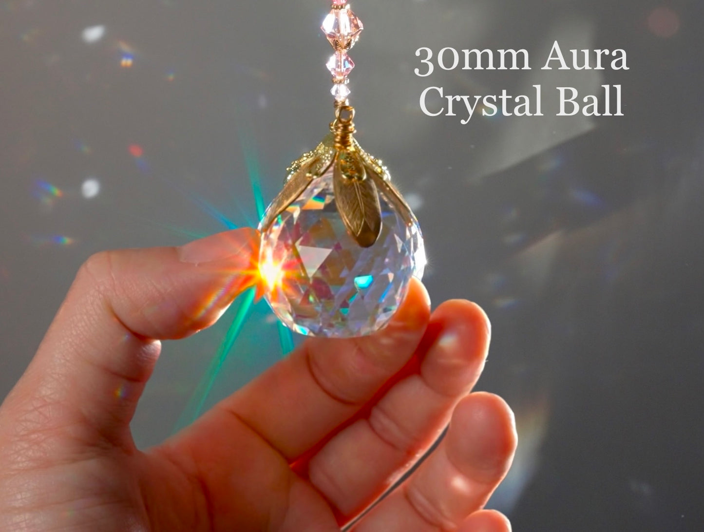 Ombre Rainbow Crystal Ball Suncatcher Window Charm, Car hanger made with prisms and Gold-plated Brass
