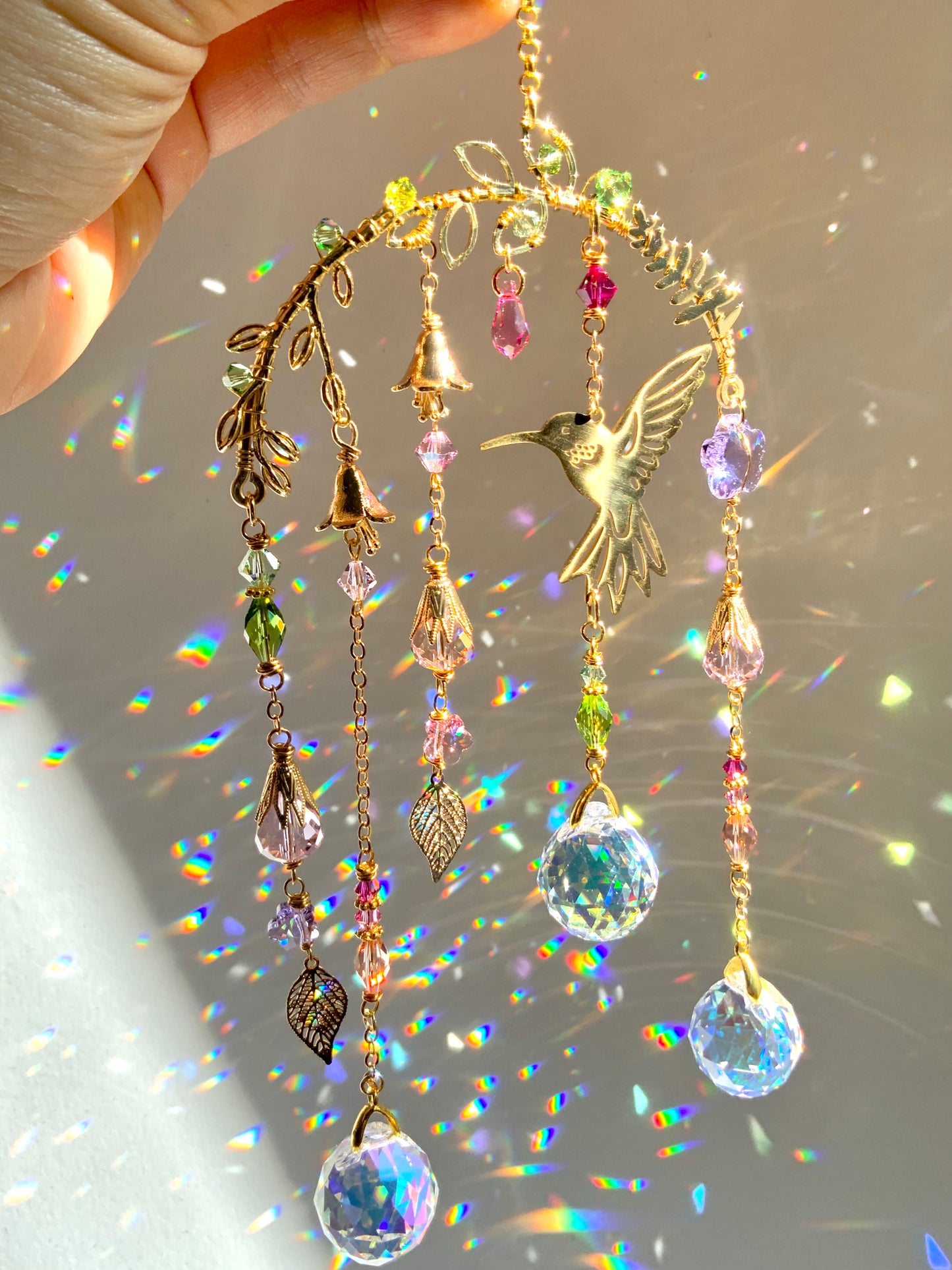 Small Crystal Hummingbird Mobile ~ 18k Gold-plated, Stainless Steel, ombré prisms Suncatcher