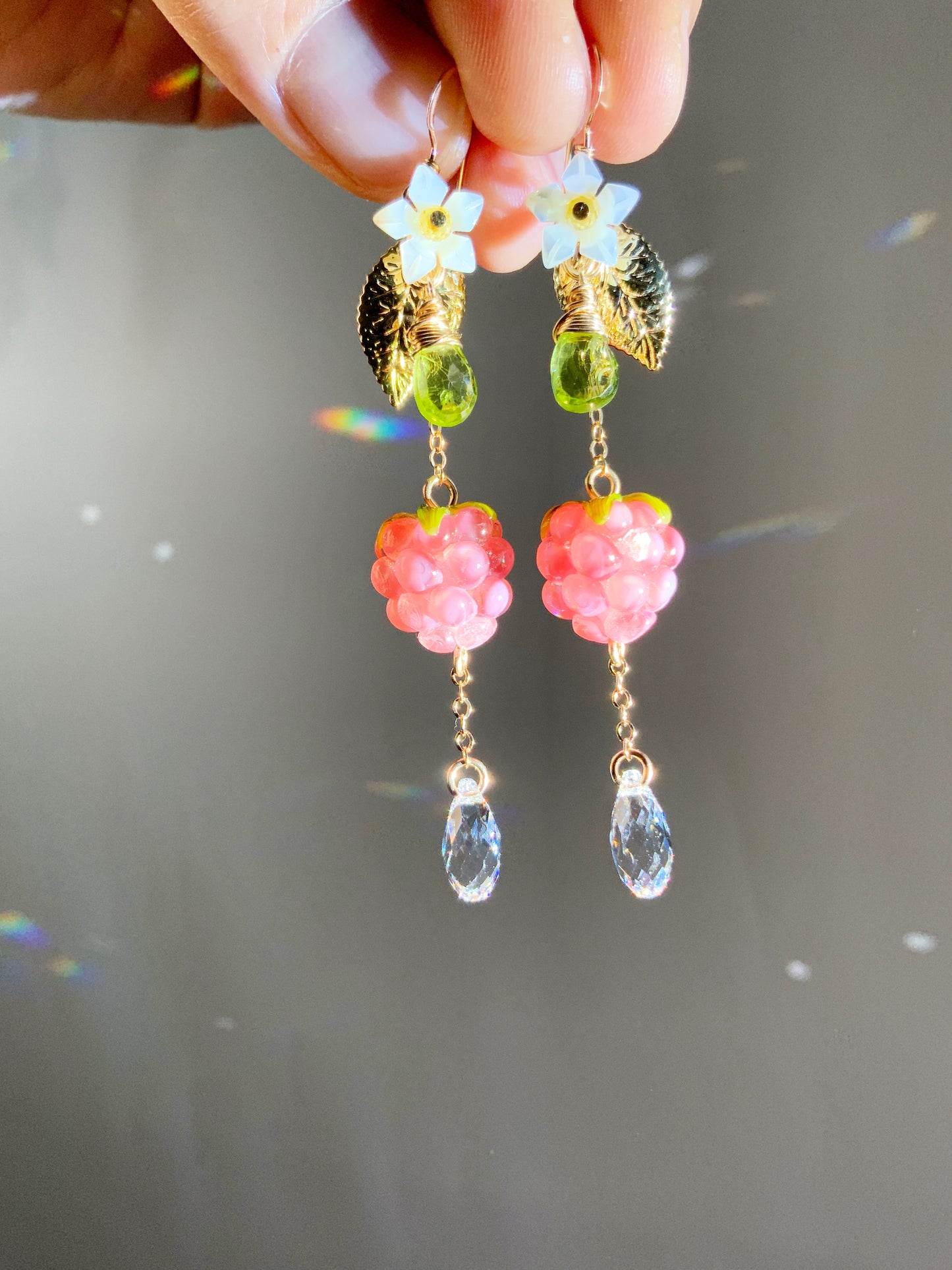 Super Realistic Pink Raspberry Blossom Earrings~ Peridot, Mother of Pearl, Artisan-made Glass, 18k Gold-Plated Crystal Fruit jewelry