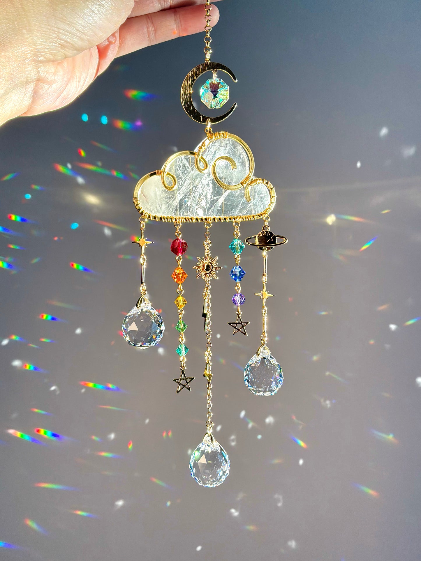 Large Gemstone Rain Cloud Suncatchers ~ 18k Gold-Plated or Stainless Steel, Clear/ Rose Quartz, Purple Opalite, Amethyst with Crystal Prisms