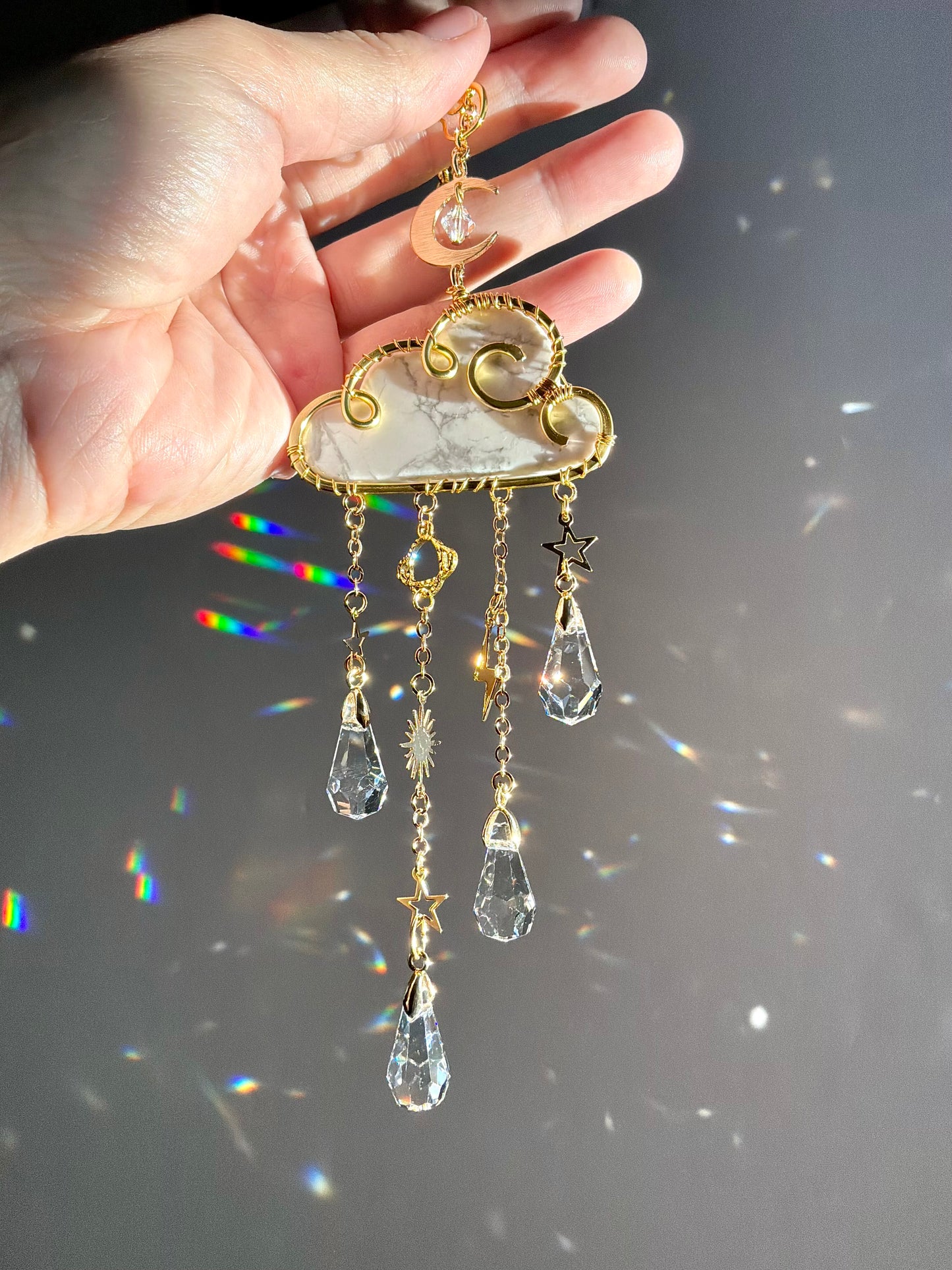 Gemstone Rain Cloud Car Charm Suncatcher ~ 18k Gold-Plated or Stainless Steel, Clear or Rose Quartz, Purple Jade or Lepidolite