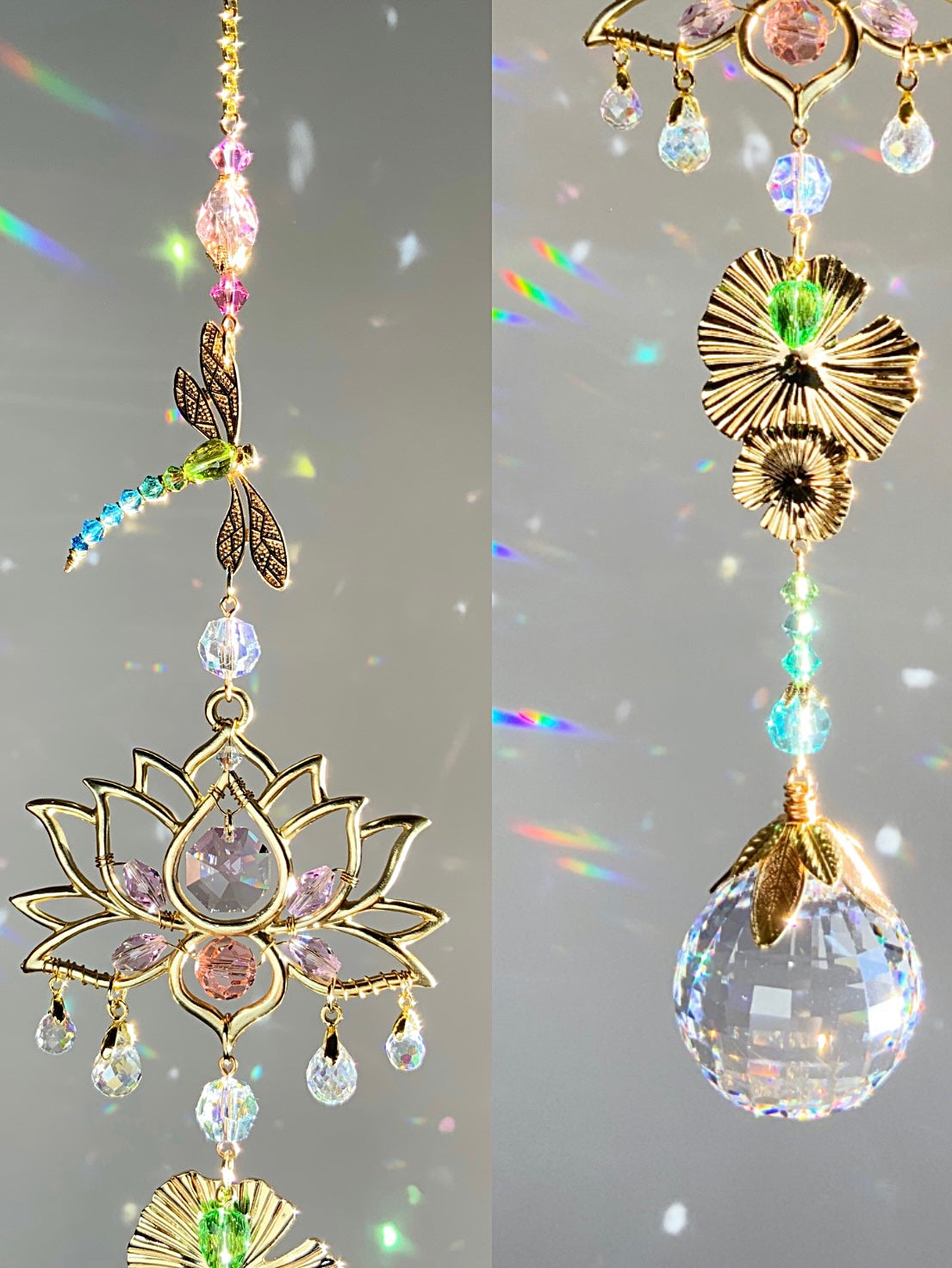 "Pond Life" ~ Dragonfly Lotus Lily Pad Crystal Ball Suncatcher, 18k Gold-Plated Window Charm, Waterlily July Birthflower