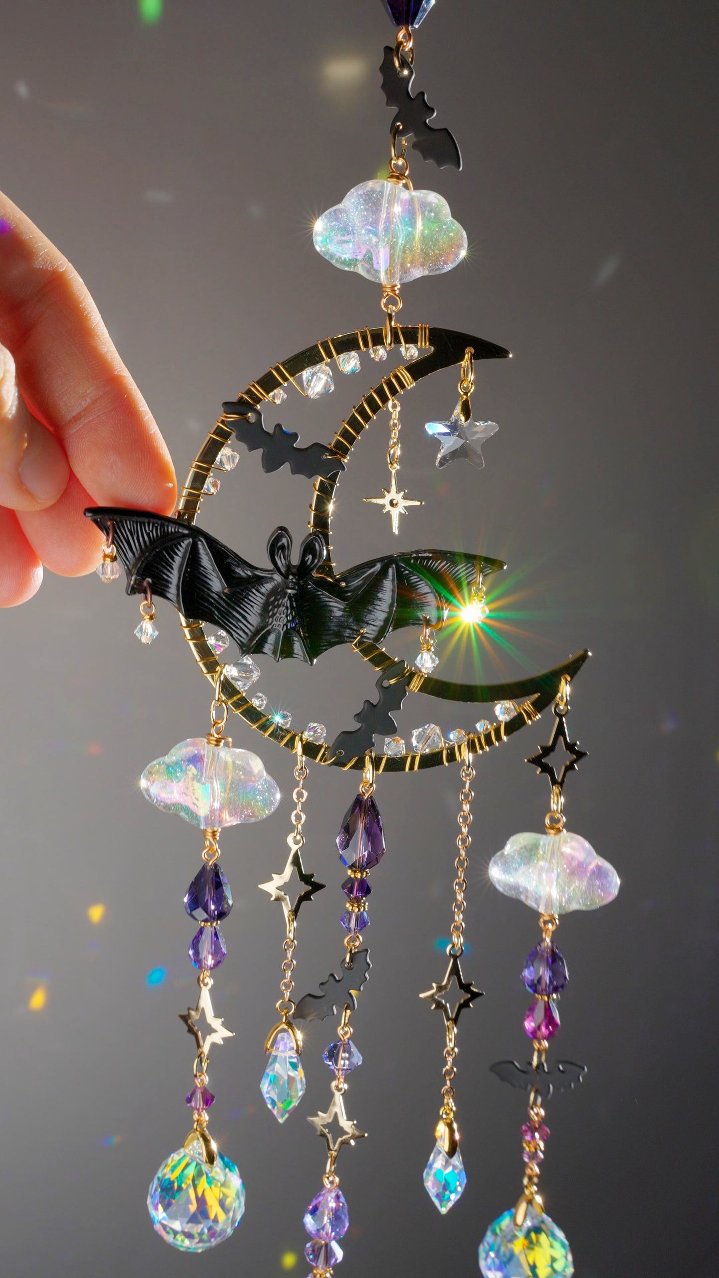 "Flight of All Hallows Eve" Bat Suncatcher, 18k Gold-Plated Celestial Moon Halloween Decor with Crystal Prisms