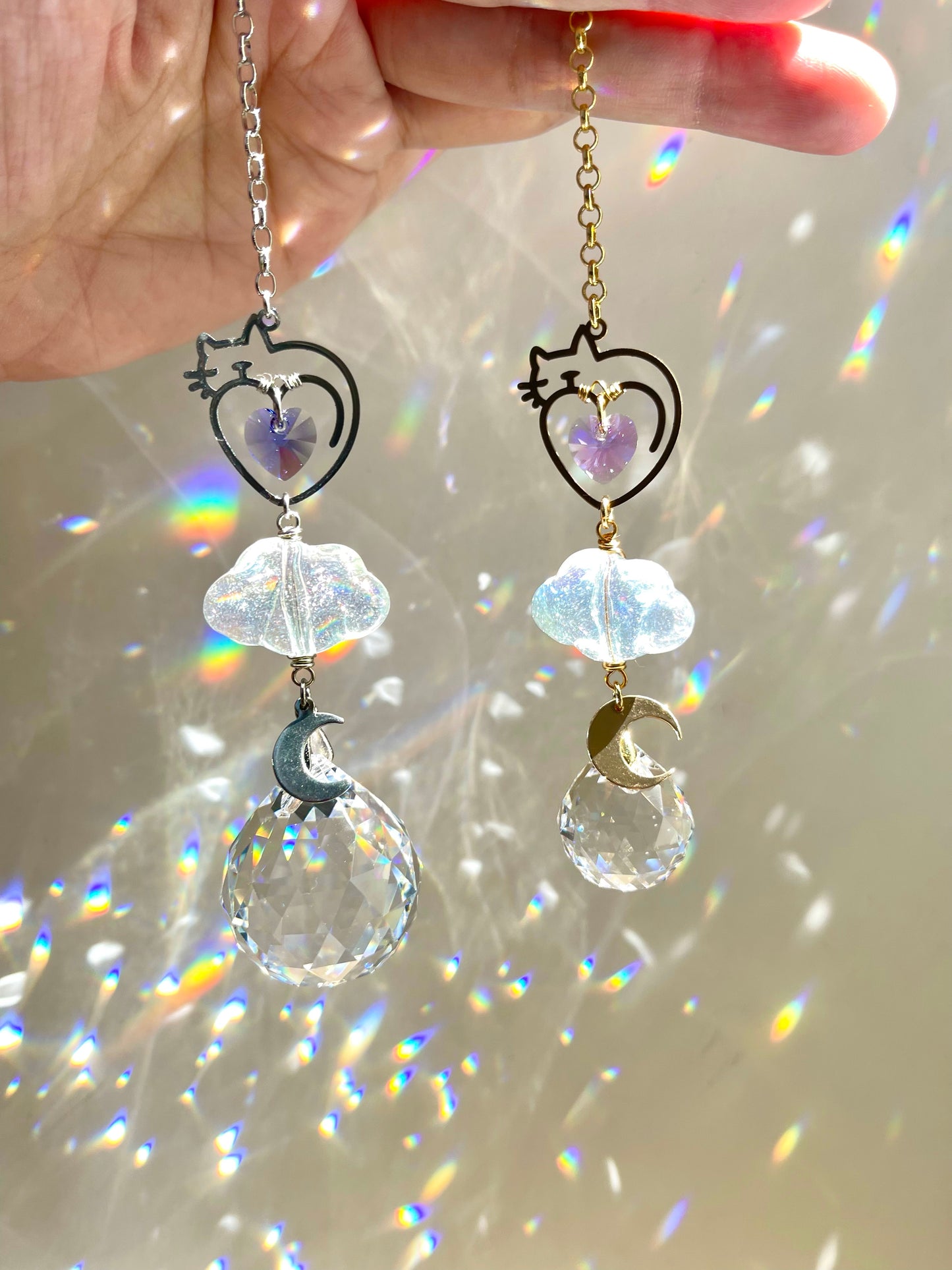 “Kitty in the Clouds” Pet Memorial Car Charm, Gold or Silver Crystal Prism suncatcher, rearview mirror hanger