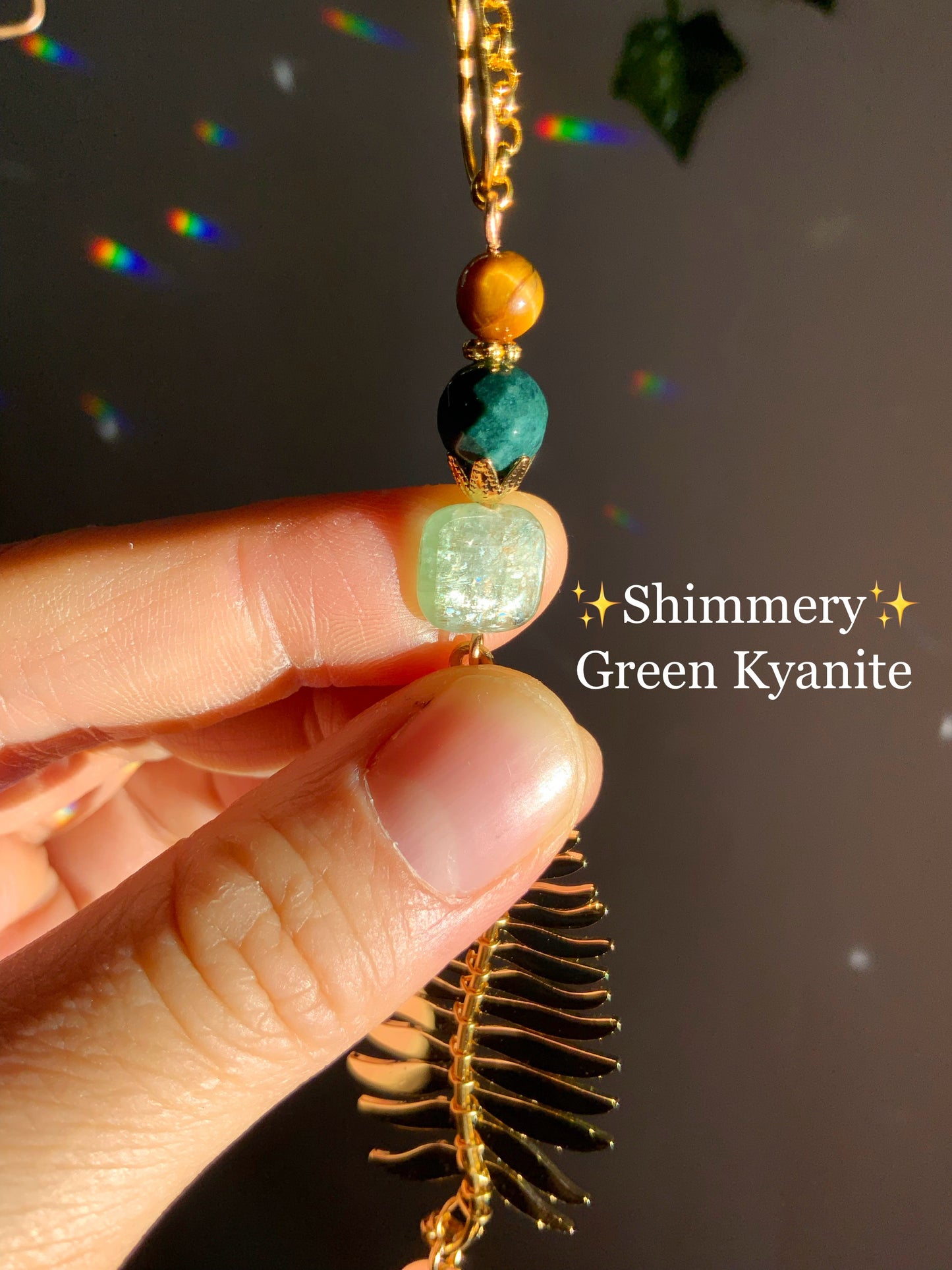 Green Kyanite Fern Car Charm, 18k Gold-Plated Witchy Celestial Moon Crystal Prism suncatcher, rearview mirror hanger