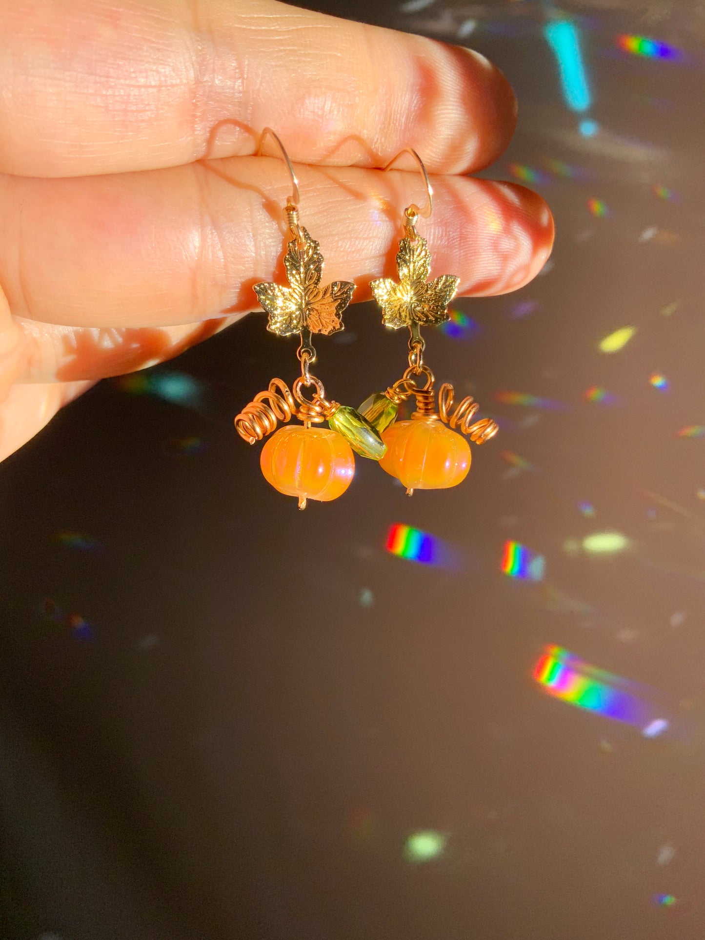 Mystic Pumpkin earrings ~ Orange Aura Glass with pink and blue reflections, 18k Gold-Plated Maple