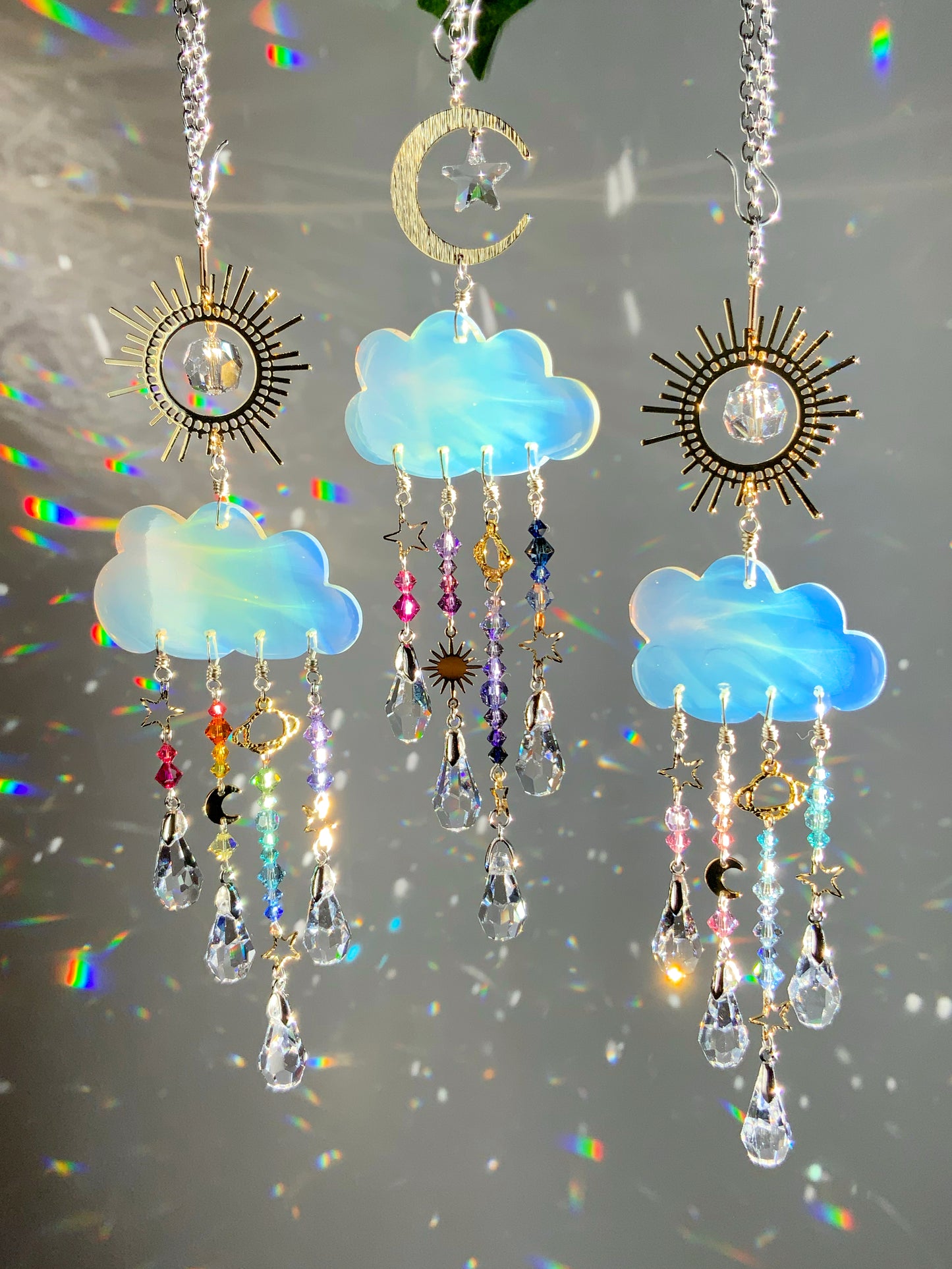 Hand-carved Opalite Rain Cloud Car Charm Suncatcher ~ 18k Gold-Plated, Stainless Steel, ombré Rainbow Crystal prisms