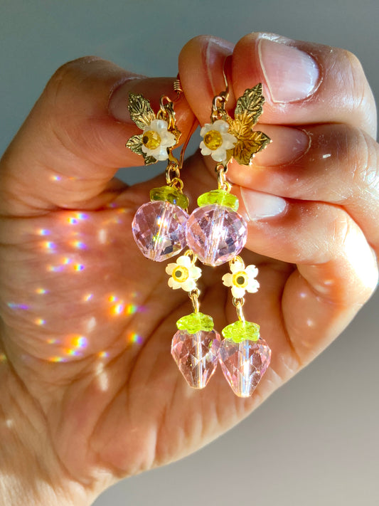 Pink Sparkle Strawberry Blossom Earrings~ Mother of Pearl, Crystal Prisms, 18k Gold-Plated Fruit jewelry
