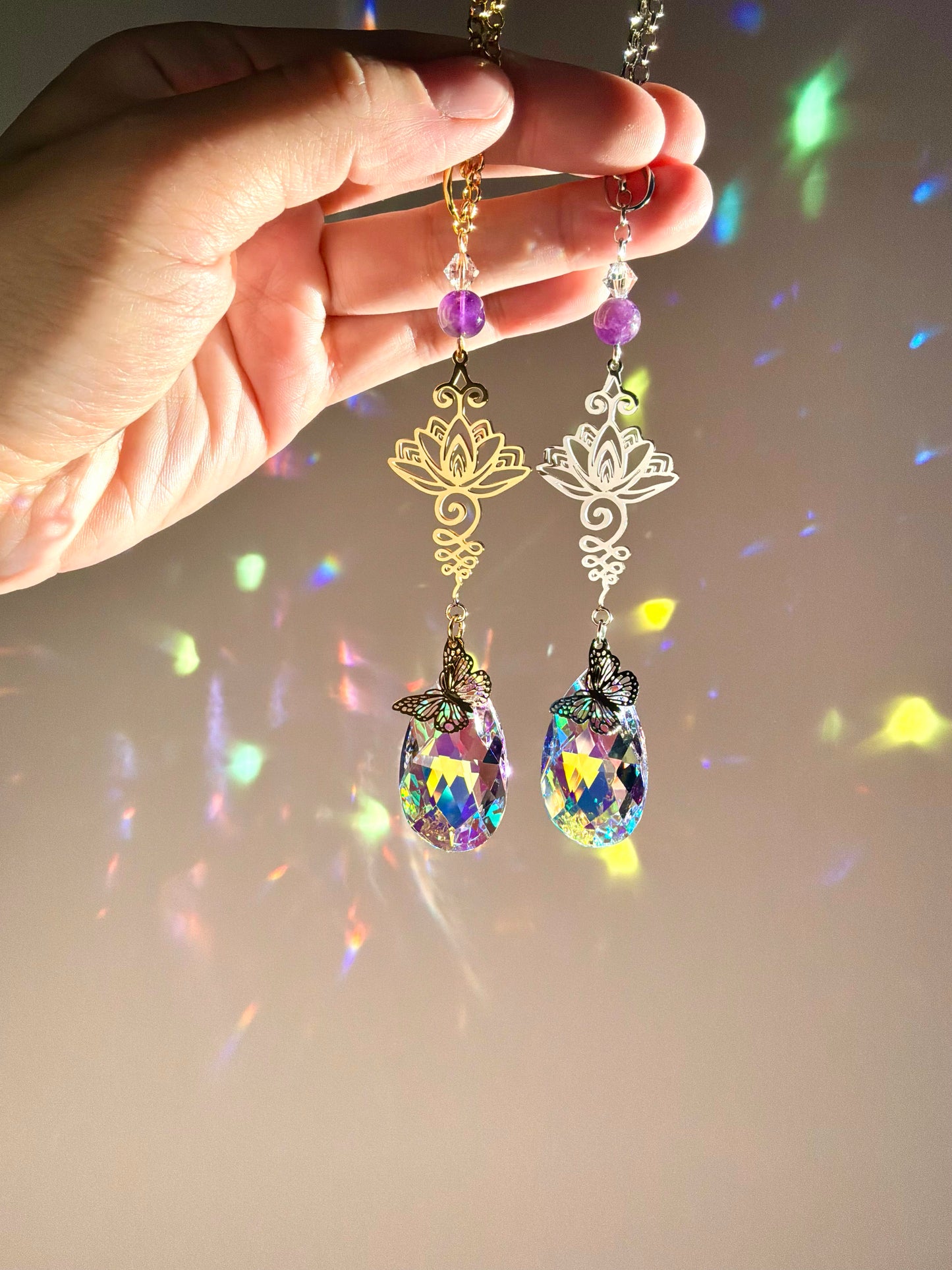 Amethyst Lotus Unalome Car Charm, Floral Gemstone Crystal Prism Suncatcher, home decor or car mirror hanger