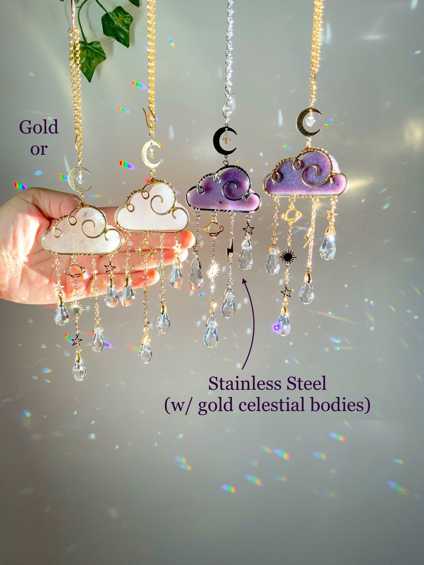 Gemstone Rain Cloud Car Charm Suncatcher ~ 18k Gold-Plated or Stainless Steel, Clear or Rose Quartz, Purple Jade or Lepidolite