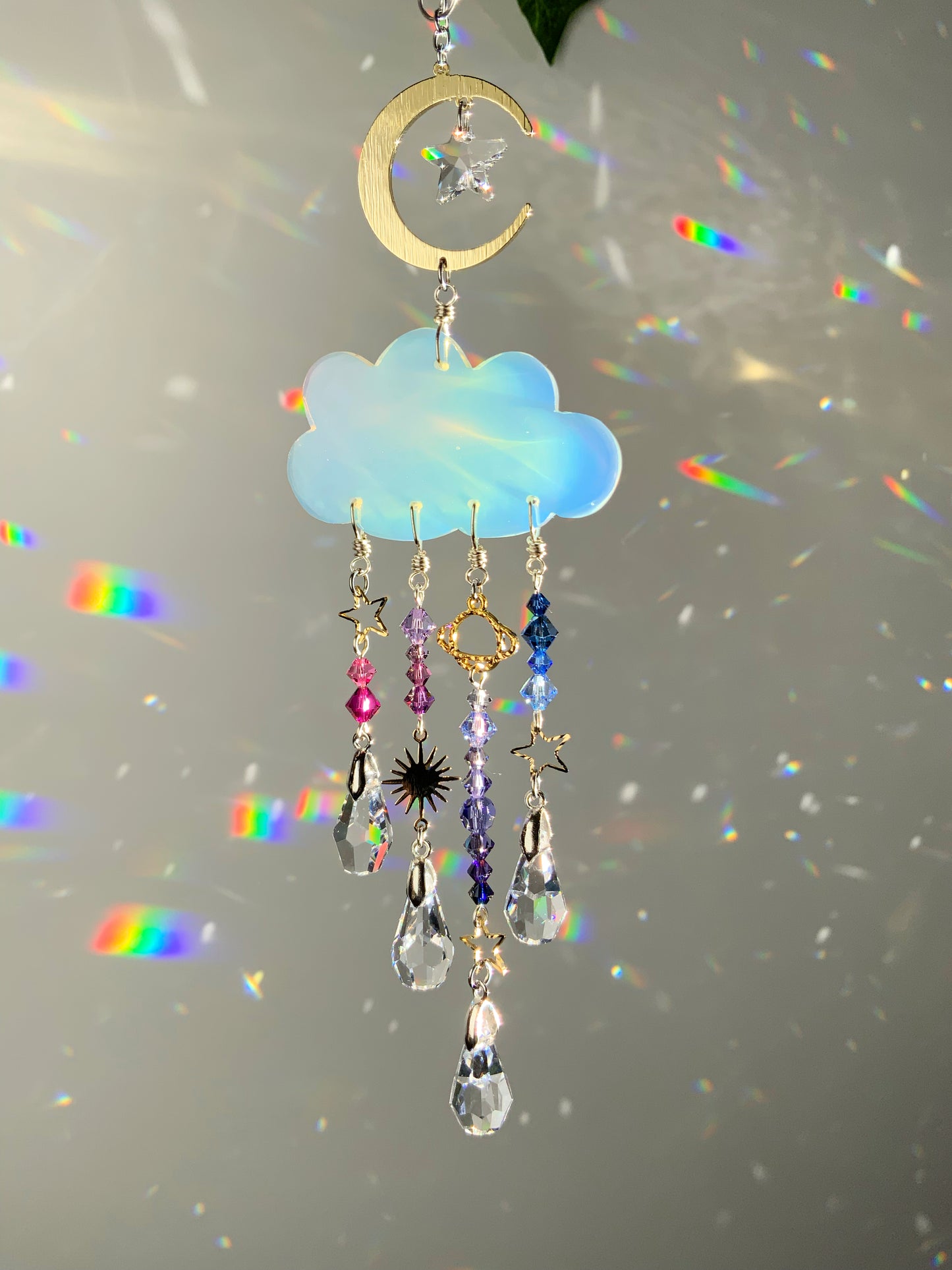 Hand-carved Opalite Rain Cloud Car Charm Suncatcher ~ 18k Gold-Plated, Stainless Steel, ombré Rainbow Crystal prisms