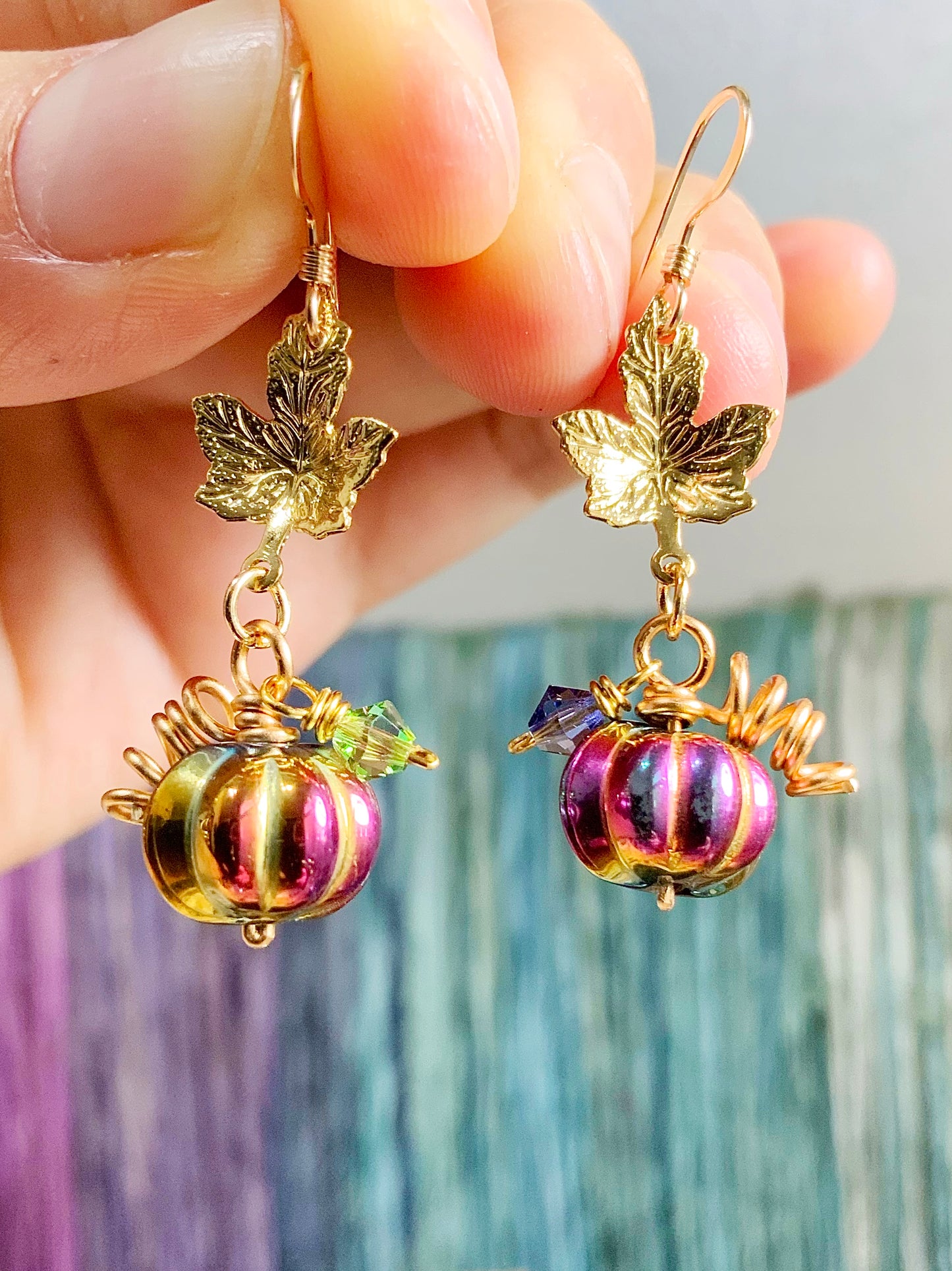 Mystic Dark Rainbow Pumpkin earrings ~ Multi-Color Aura Glass with gold and magenta reflections, 18k Gold-Plated Maple