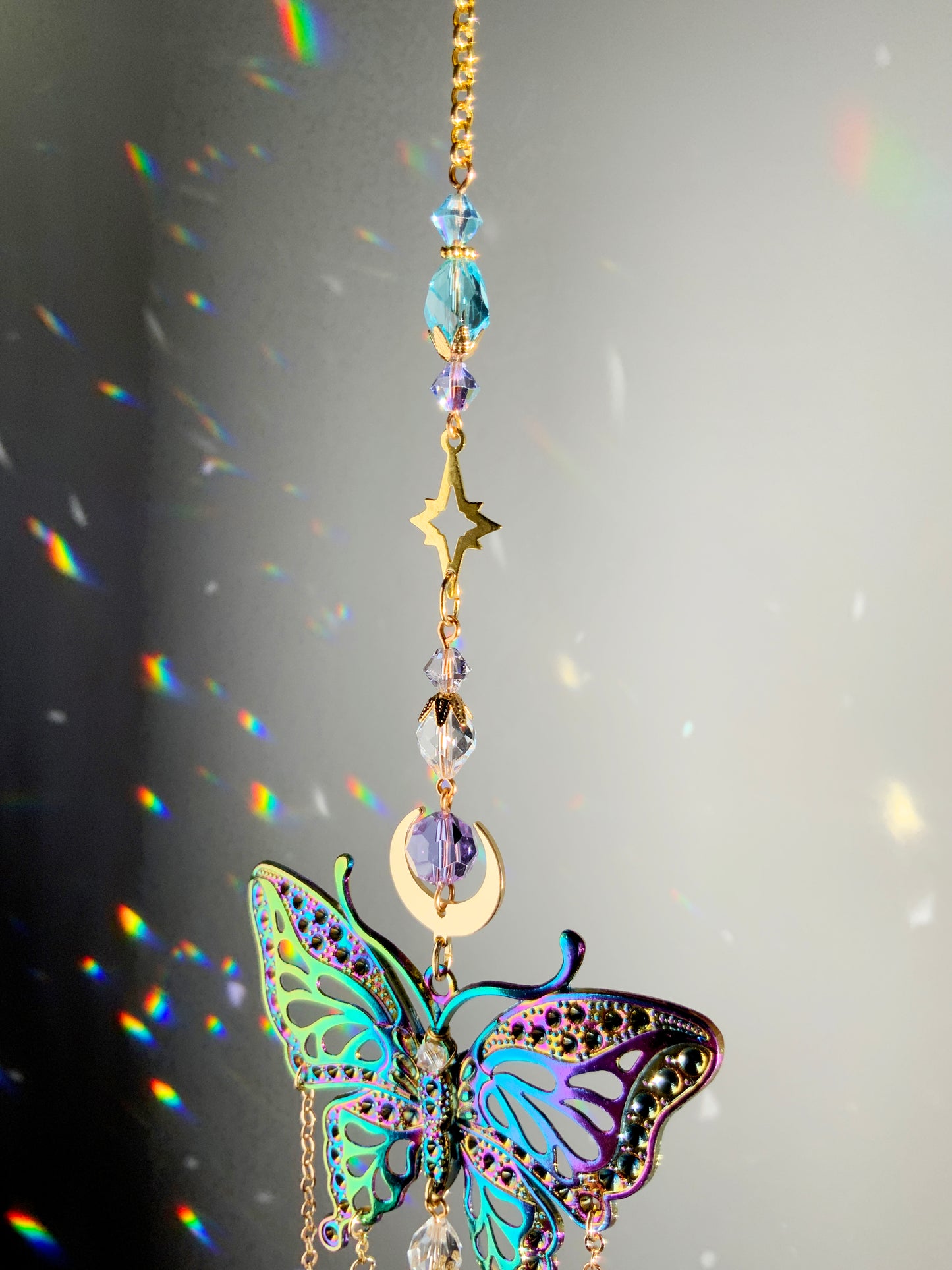 Mystic Butterfly Crystal Ball Suncatcher, Celestial Window Charm made with ombré prisms and 18k Gold-Plated brass