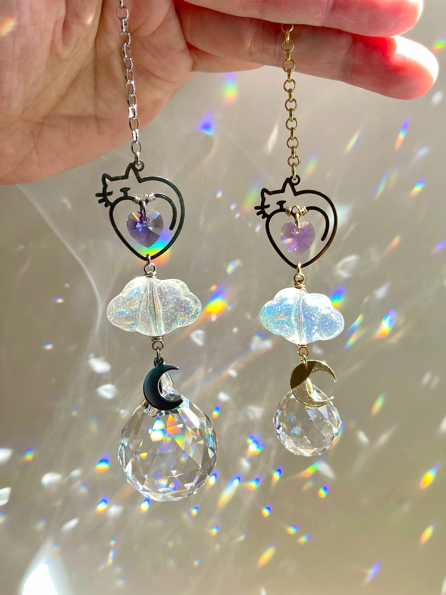 “Kitty in the Clouds” Pet Memorial Car Charm, Gold or Silver Crystal Prism suncatcher, rearview mirror hanger
