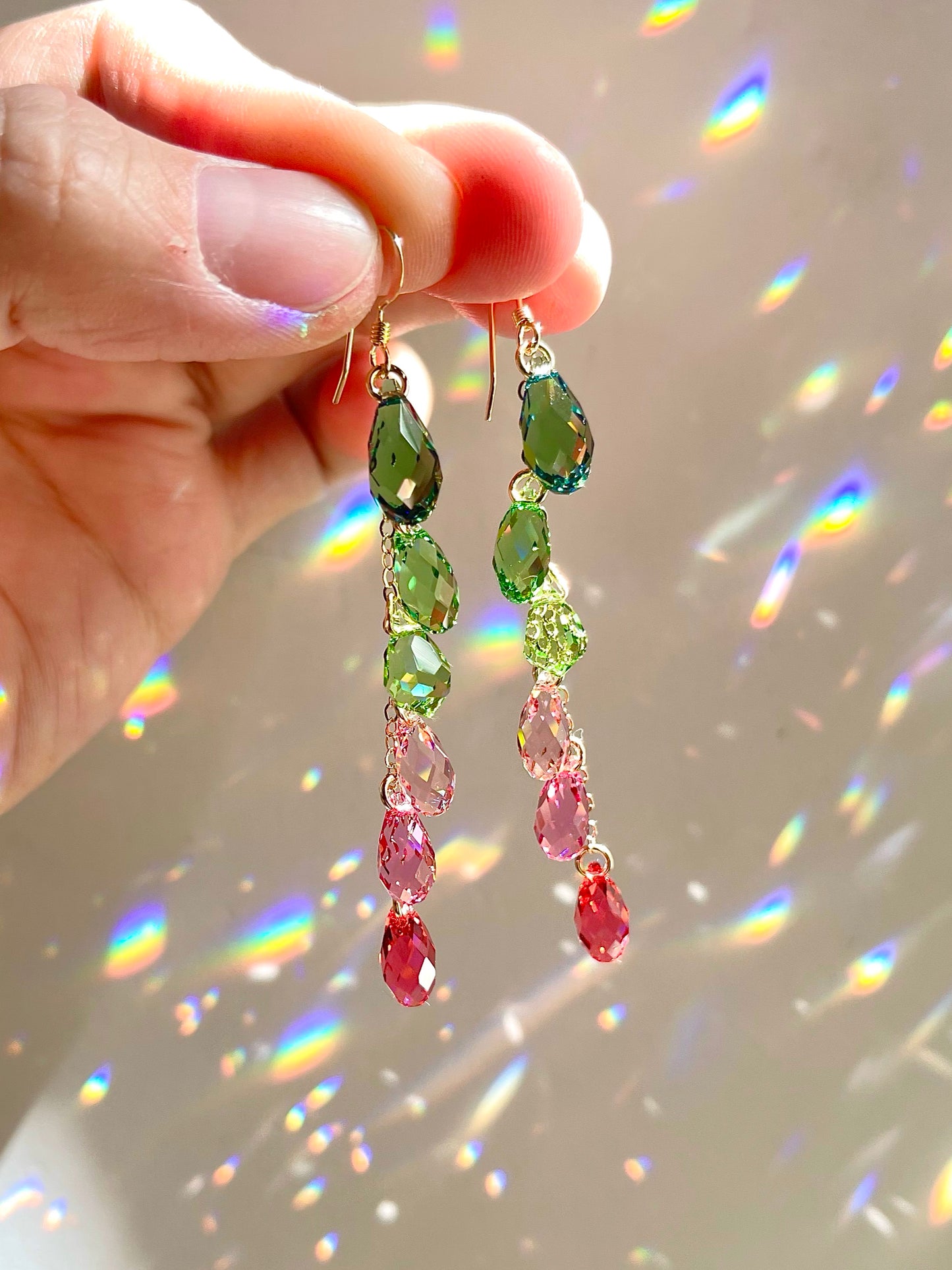 "Watermelon Spritzer" ~ *Luxe* Ombré Crystal Waterfall earrings, Sterling Silver or 14k Gold-Filled, pink green