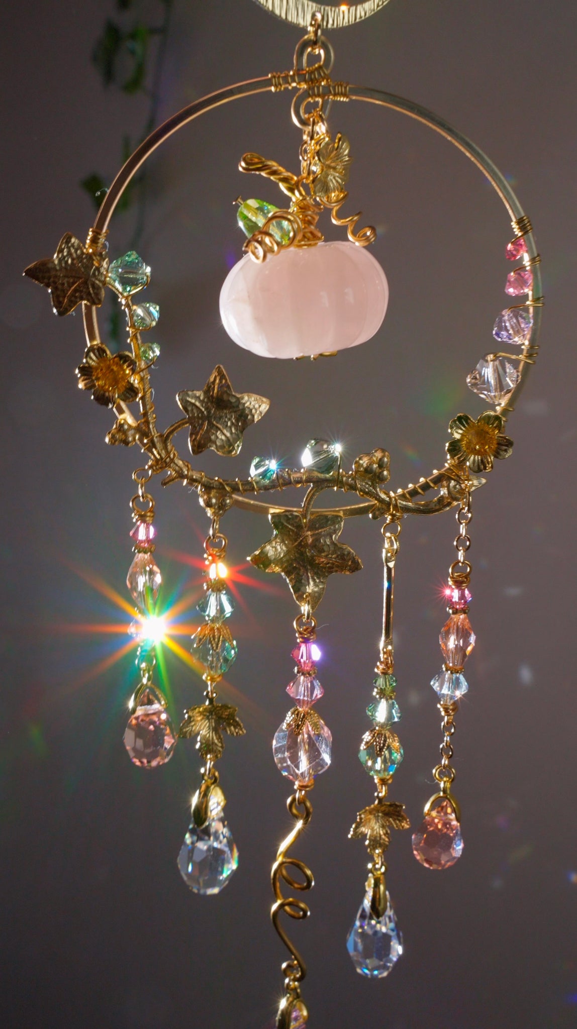 Rose Quartz "Harvest pumpkin" Mini Suncatcher, Gemstone and Gold-plated Brass Crystal celestial witchy Halloween Decor