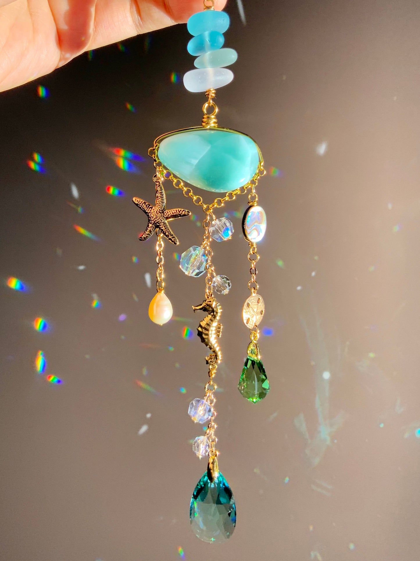 "Sea Reef" ~ Green Moonstone Car Charm with Pearl, Abalone Paua Shell, 18k Gold-Plated Starfish, Seahorse, Sand Dollar