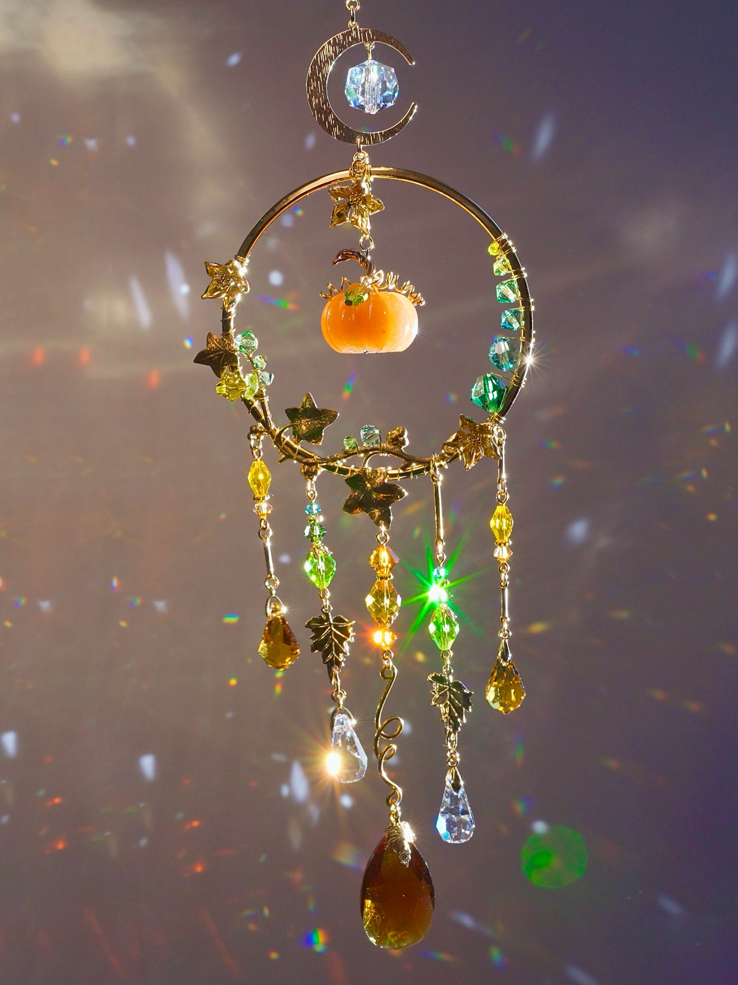 Orange Aventurine "Harvest pumpkin" Mini Suncatcher, Gemstone, Stainless Steel, Gold-plated Brass Crystal celestial witchy Halloween Decor