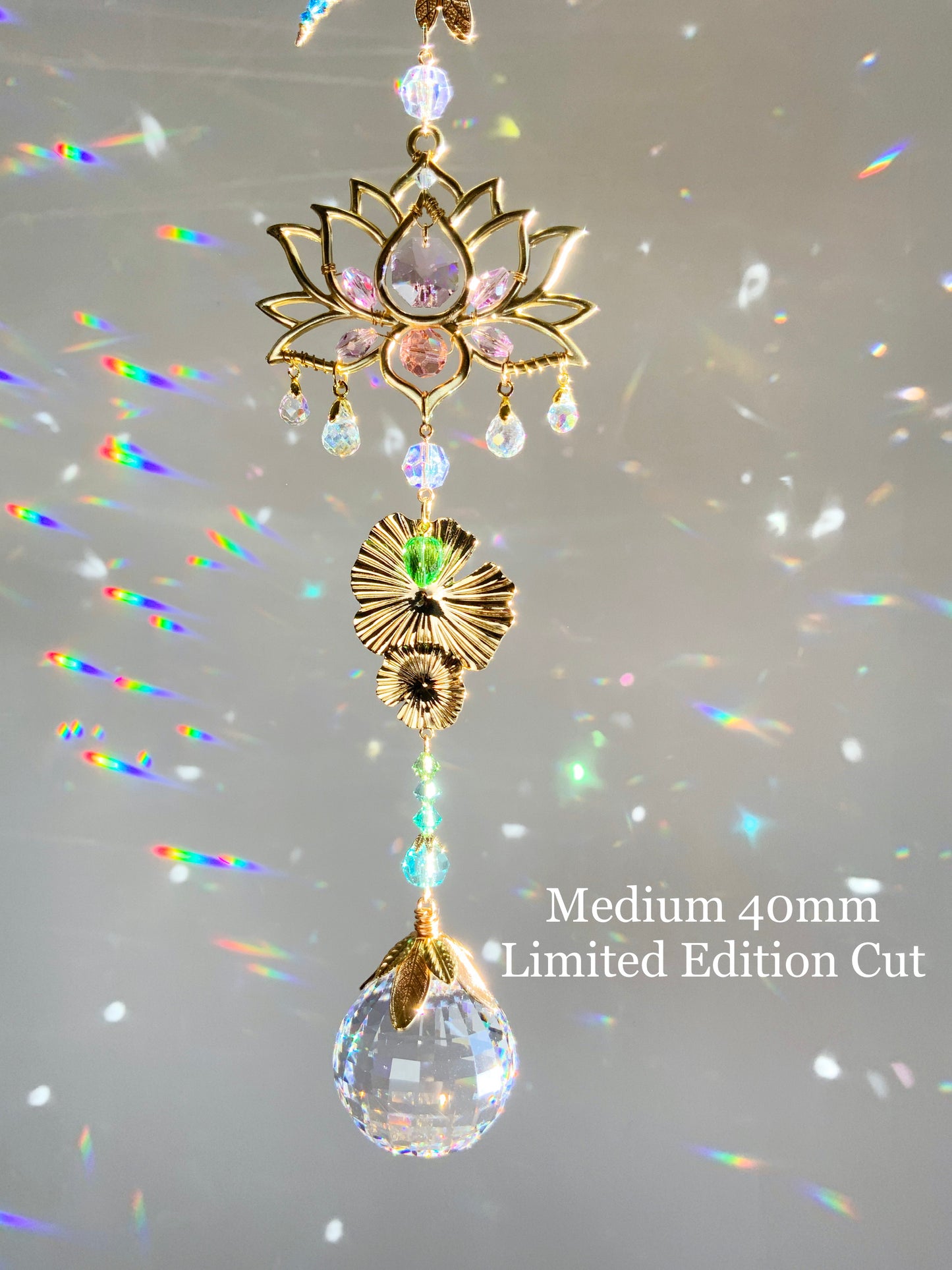 "Pond Life" ~ Dragonfly Lotus Lily Pad Crystal Ball Suncatcher, 18k Gold-Plated Window Charm, Waterlily July Birthflower