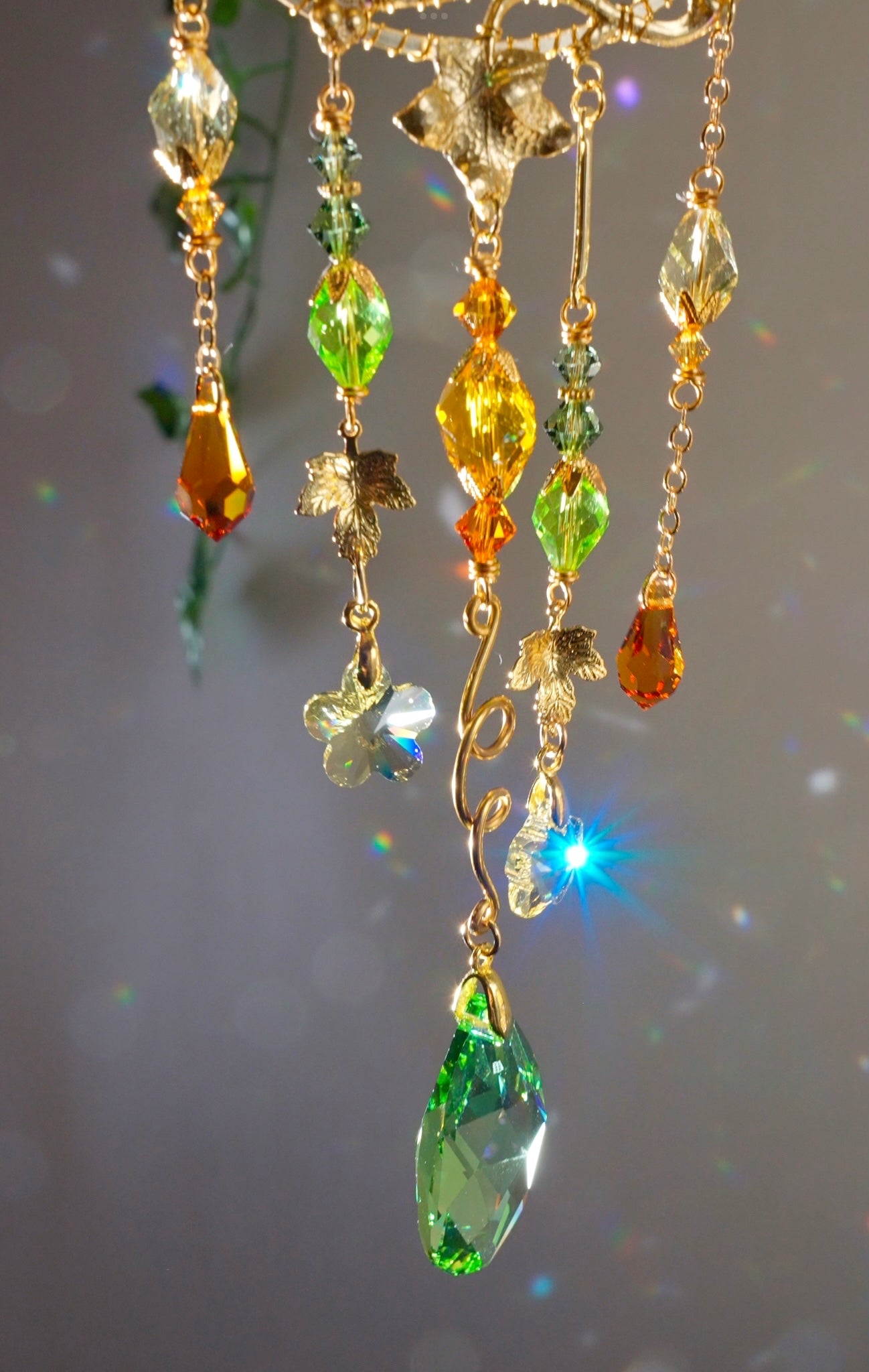 Yellow Quartz "Harvest pumpkin" Mini Suncatcher, Gemstone and Gold-plated Brass Crystal celestial witchy Halloween Decor